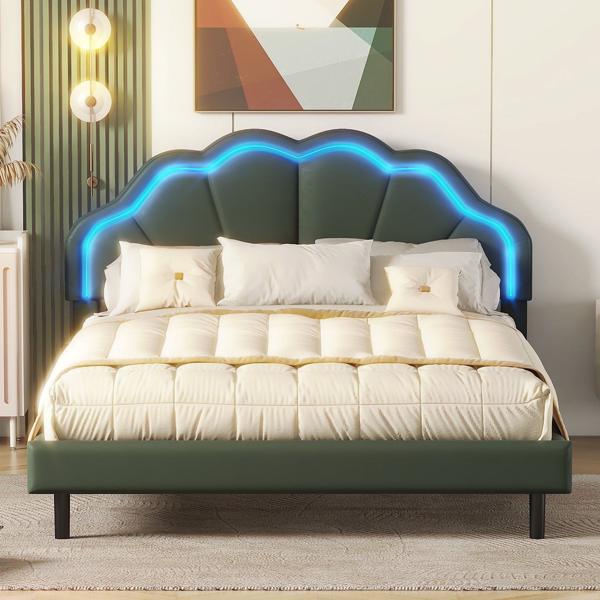 Ulife Schwebebett cm Bett Kopfteildesign, Gästebett, Rahmen), Samtstoff, Polsterbett, 140 LED-Leuchten Funktionsbett 200 und Grün Doppelbett (hautfreundlichem x Kinderbett mit Gepolsterter