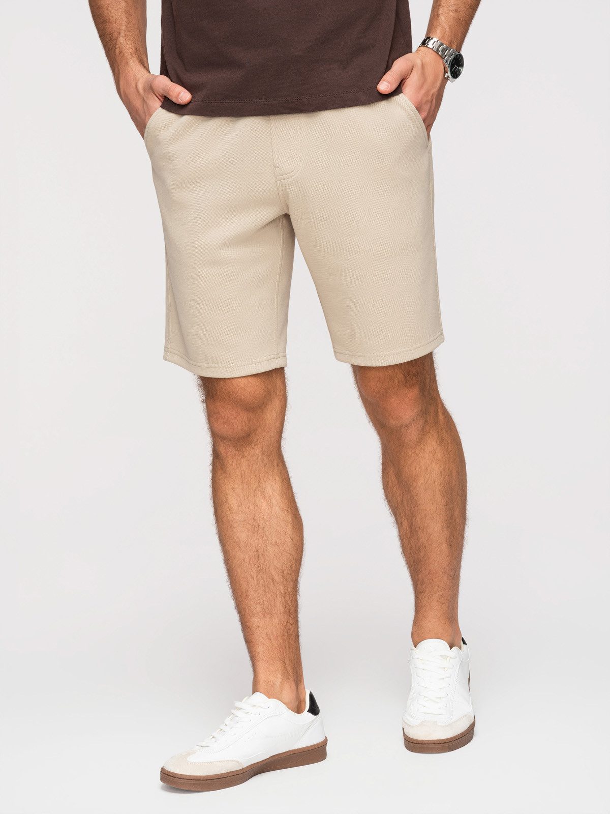OMBRE Sweatshorts Herren Sweatshorts Regular Fit mit Kordelzug Beige S (kein Set, 1-tlg) Strukturierte Oberfläche