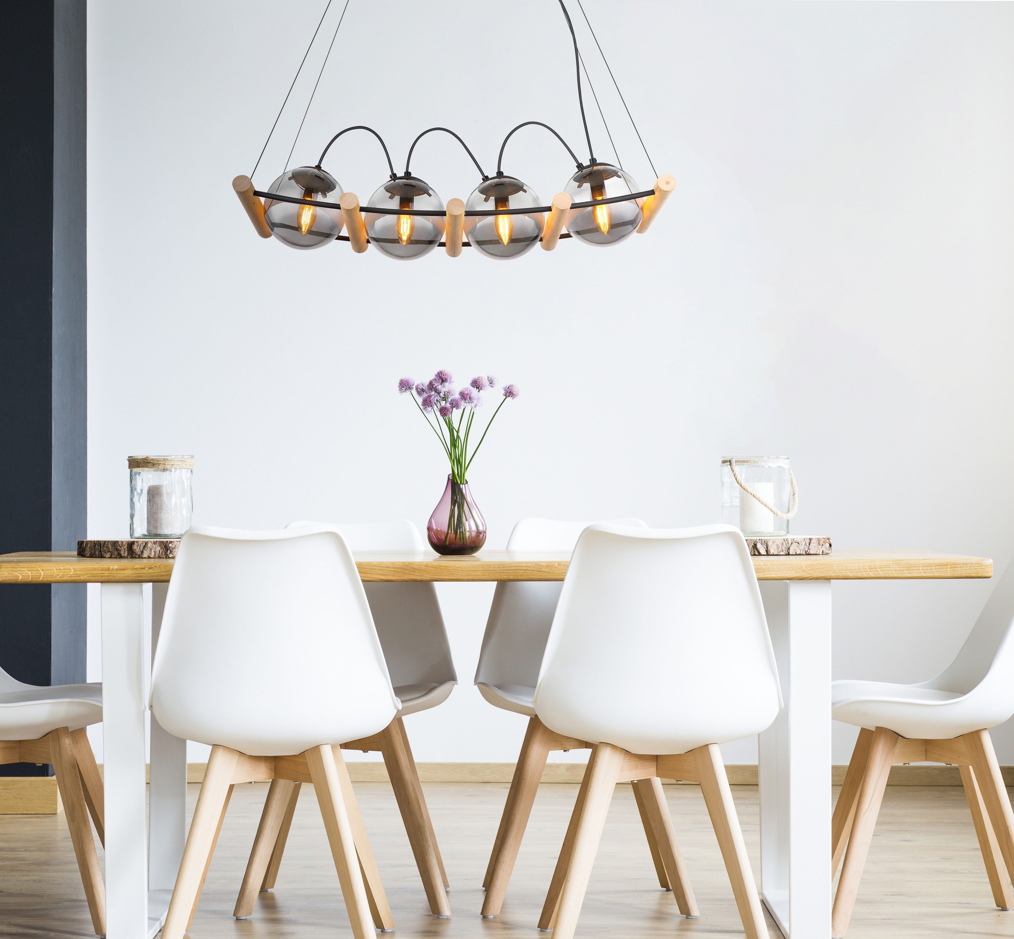 GLOBO LIGHTING Hängeleuchte LEONA, ohne Leuchtmittel, Hängeleuchte Schwarz/Holz, Rauchglas, höhenverstellbar, E14 LED