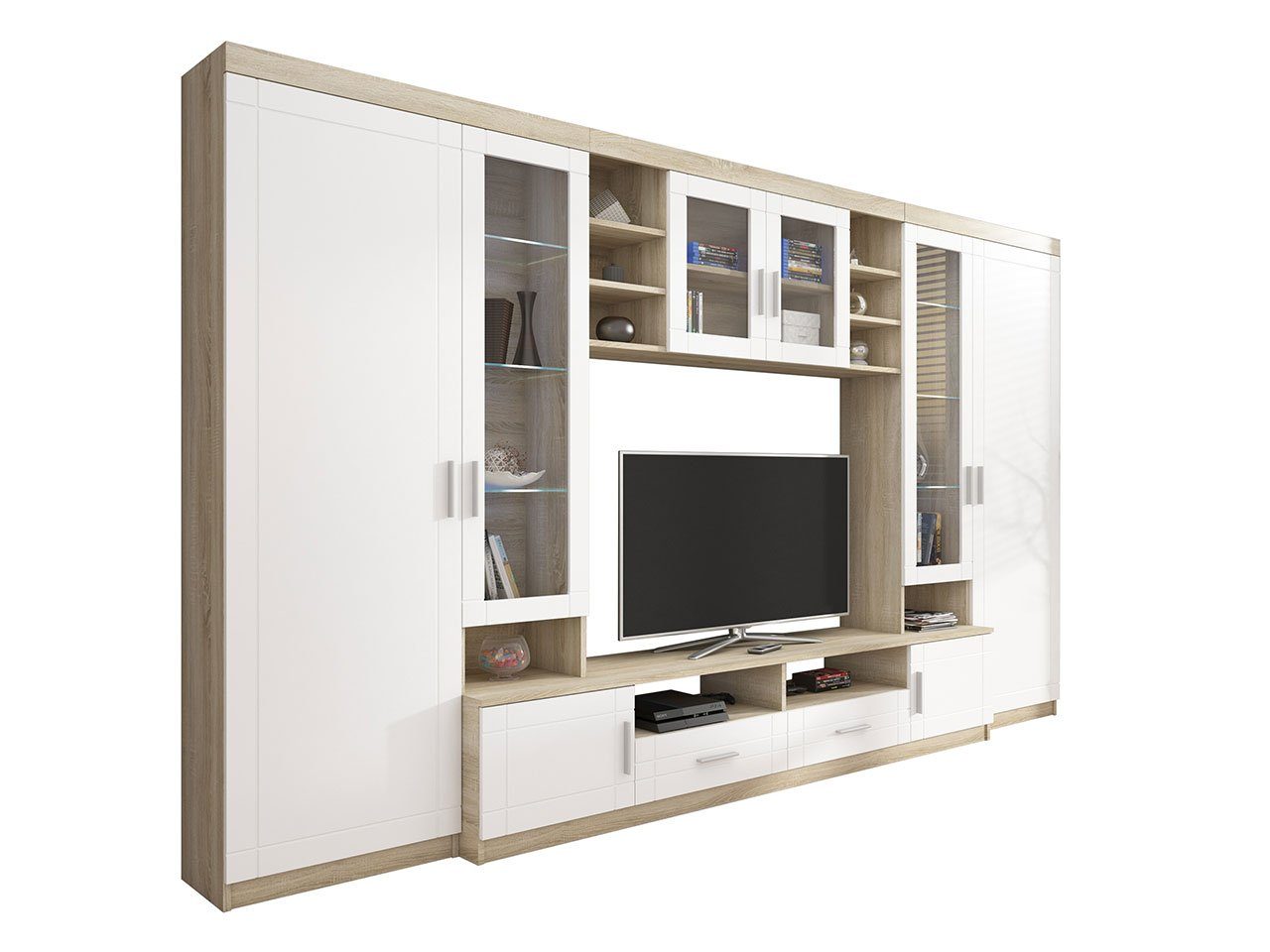 MIRJAN24 Wohnwand Paris, Zusatzoption Hochschranke, / Wandregal, Weiß Vitrine), als Hochvitrine, TV-Lowboard, (Komplett-Set, LED-Beleuchtung Sonoma Eiche