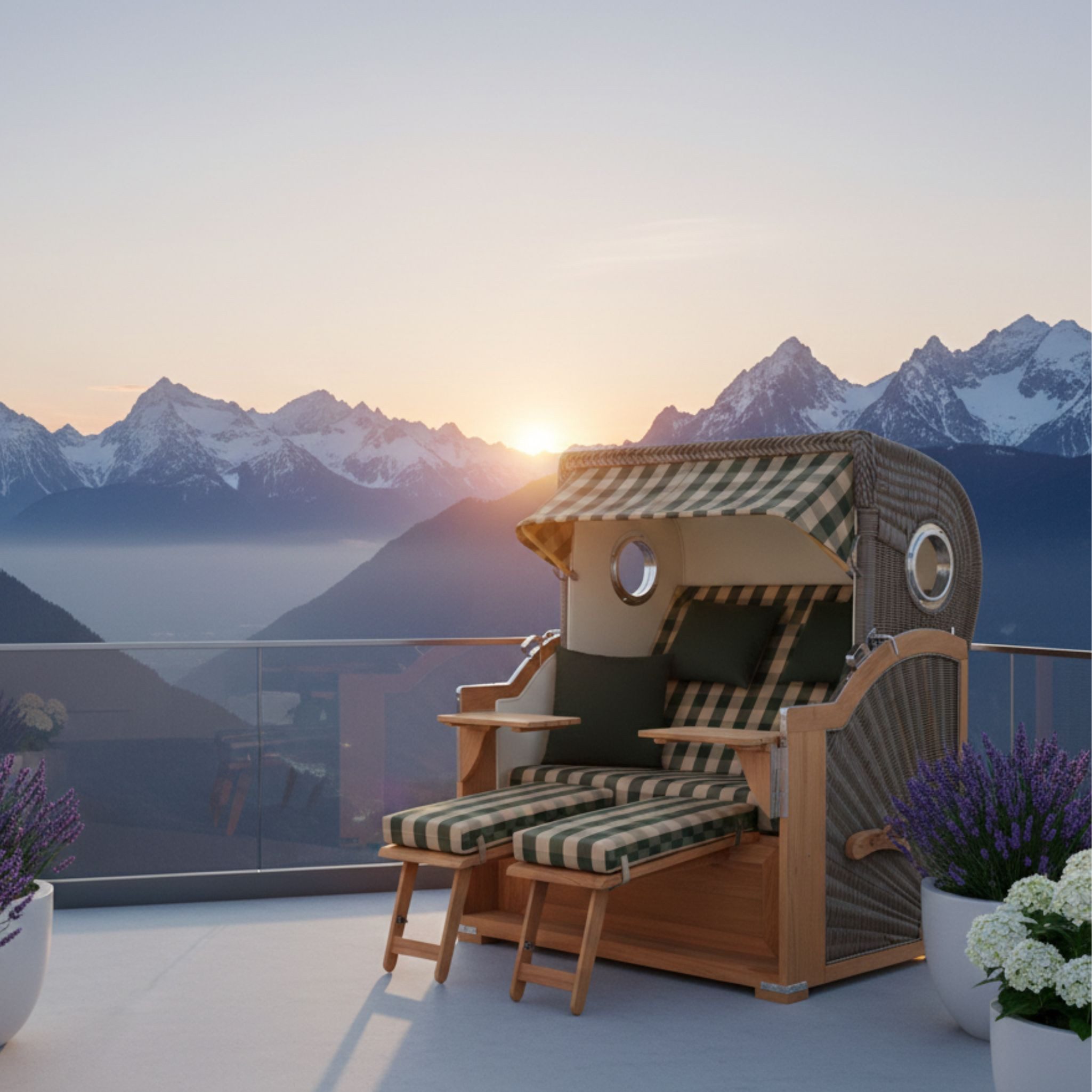 MR.DEKO Strandkorb XXL Baltikum 2,5-Sitzer Bullauge Teak PE Grey 142x170x95, BxTxH: 142x95x170 cm, Volllieger, Baltikum, (Wetterfester 2,5-Sitzer Strandkorb für Garten, Terrasse & Balkon), Volllieger mit Stauraum, Bullaugen & Edelstahl – komplett montiert