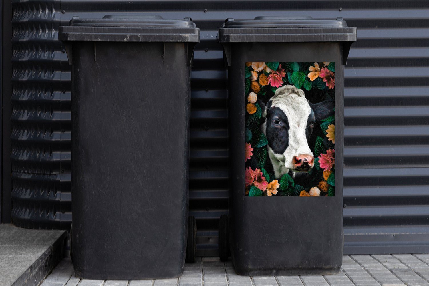 - Sticker, Container, (1 Wandsticker Mülltonne, - Abfalbehälter Blumen Blätter Kuh MuchoWow Mülleimer-aufkleber, St), Tiere -