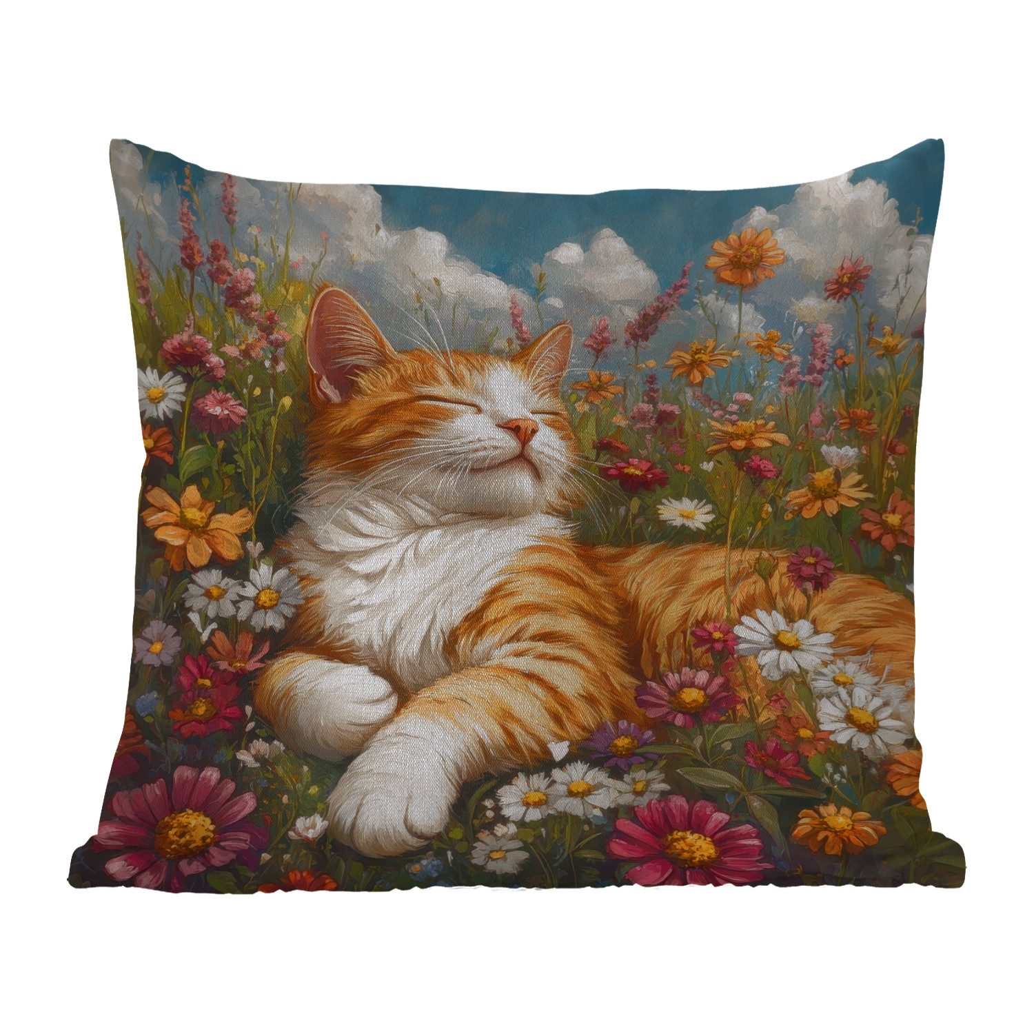 MuchoWow Dekokissen Katze - Blumen - Entspannen, Kissenbezüge, Kissenhülle, Kissen, Outdoor, 40x40 cm