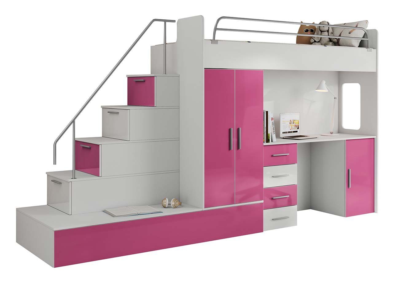 einem Jugendbett MÖBEL Schreibtisch, einem Betten, zwei 5 Rosa mit Schrank Kleiderschrank, (Zwei Betten, EDEN Treppe Schließfächern), mit und Schreibtisch, MKS