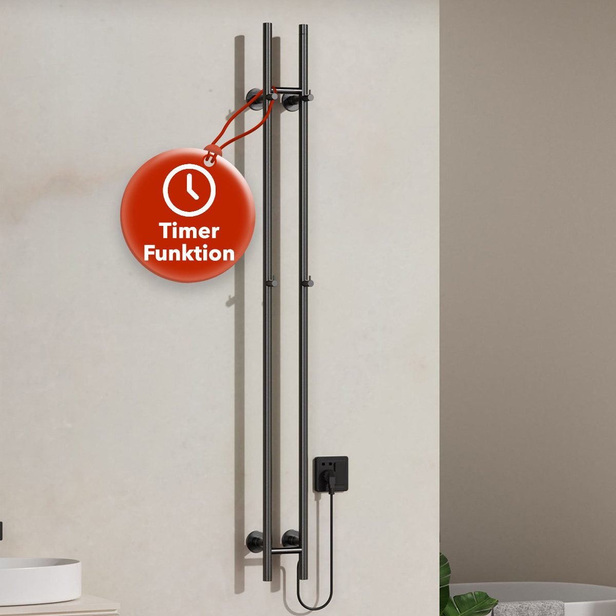 Belvit Elektrischer Badheizkörper Handtuchwärmer 150x17 cm mit 4 Handtuchhaken mit Timer & 2 Heizstufen, 120W, Wandmontage mit Montagematerial, Handtücher trocknen & wärmen