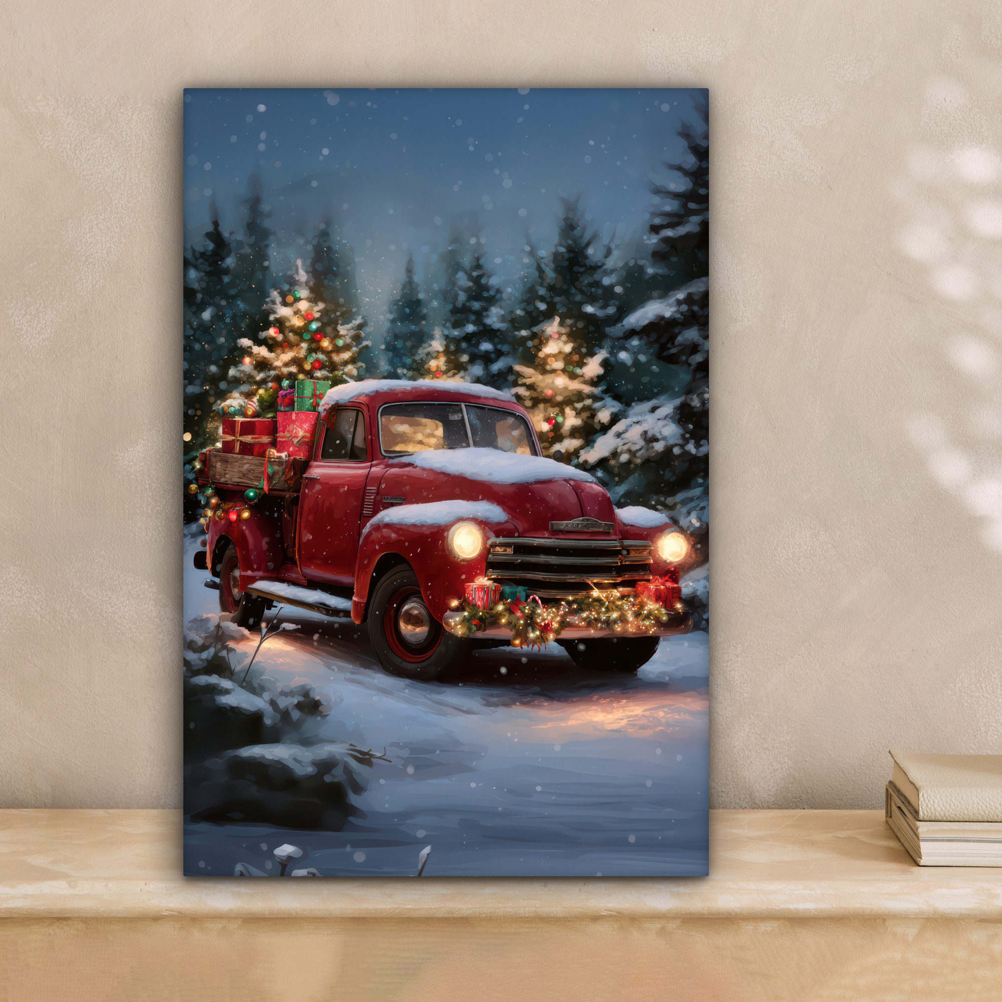 OneMillionCanvasses® Leinwandbild Weihnachts-LKW - Schneewald - Rot, Fotodr günstig online kaufen
