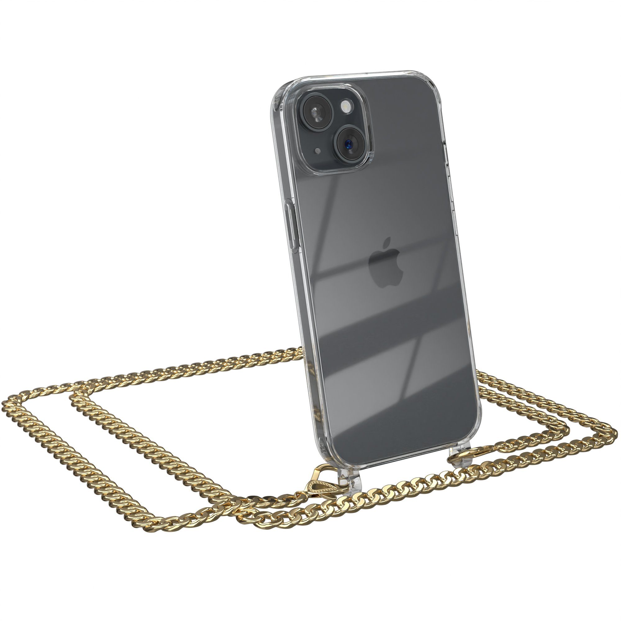 EAZY CASE Handykette 2in1 Metallkette Magsafe Hülle für iPhone 15 6,1 Zoll, Hülle mit Band Silikonhülle durchsichtig Necklace Cover Slimcover Gold