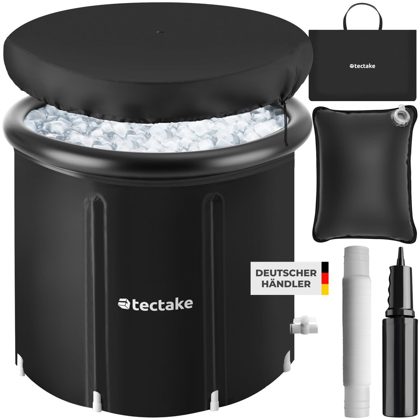 tectake Badebottich Eisbadewanne, Pumpe und Wasserkissen, faltbar, mit 3-facher, 320 l, für 1 Personen, Kältebecken Helsinki, 1 St., in schwarz, Aufblasbarer Außenring & Schutzabdeckung, wetterfest & strapazierfähig