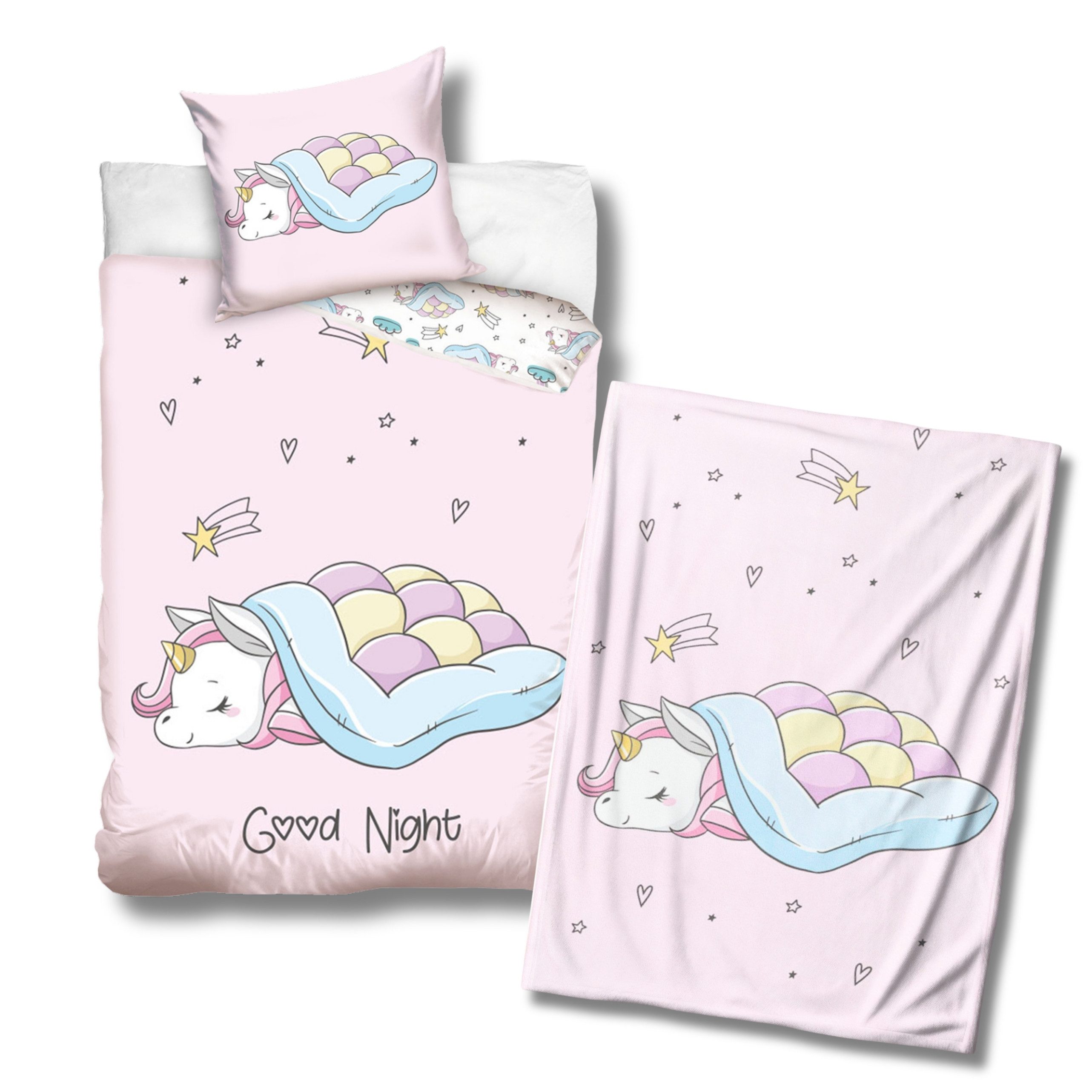 MTOnlinehandel Kinderbettwäsche Einhorn 135x200 + 80x80 cm, 100 % Baumwolle, Renforcé, 3 teilig, Wohlfühl-Set inklusive Kuscheldecke
