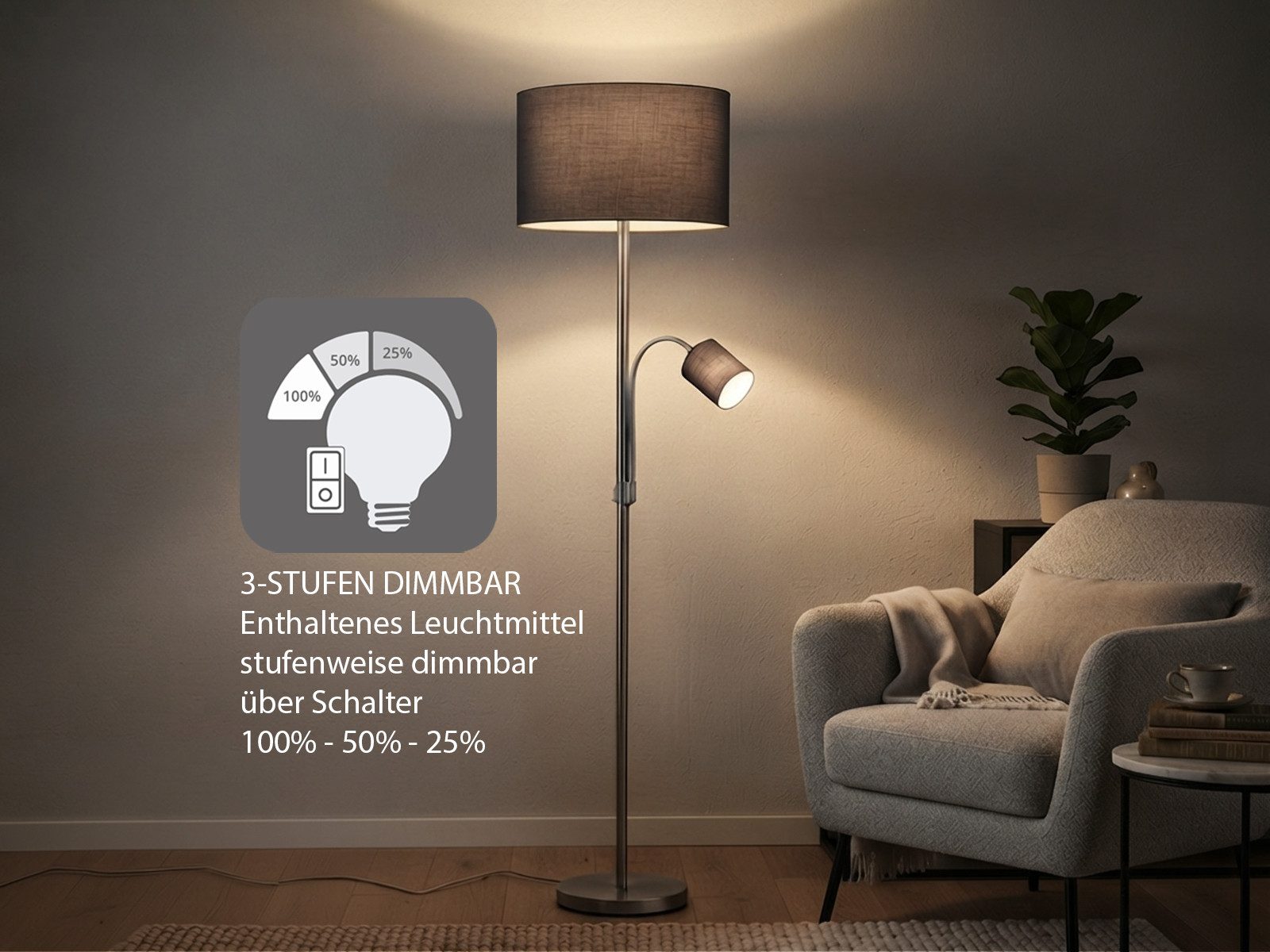 TRIO Leuchten LED Stehlampe mit Leselampe & Stoffschirm Höhe 170cm, dimmbar, LED wechselbar, Warmweiß, Designklassiker Steh-Leuchte groß für Lese-Ecke stehend – Bild 3 von 5