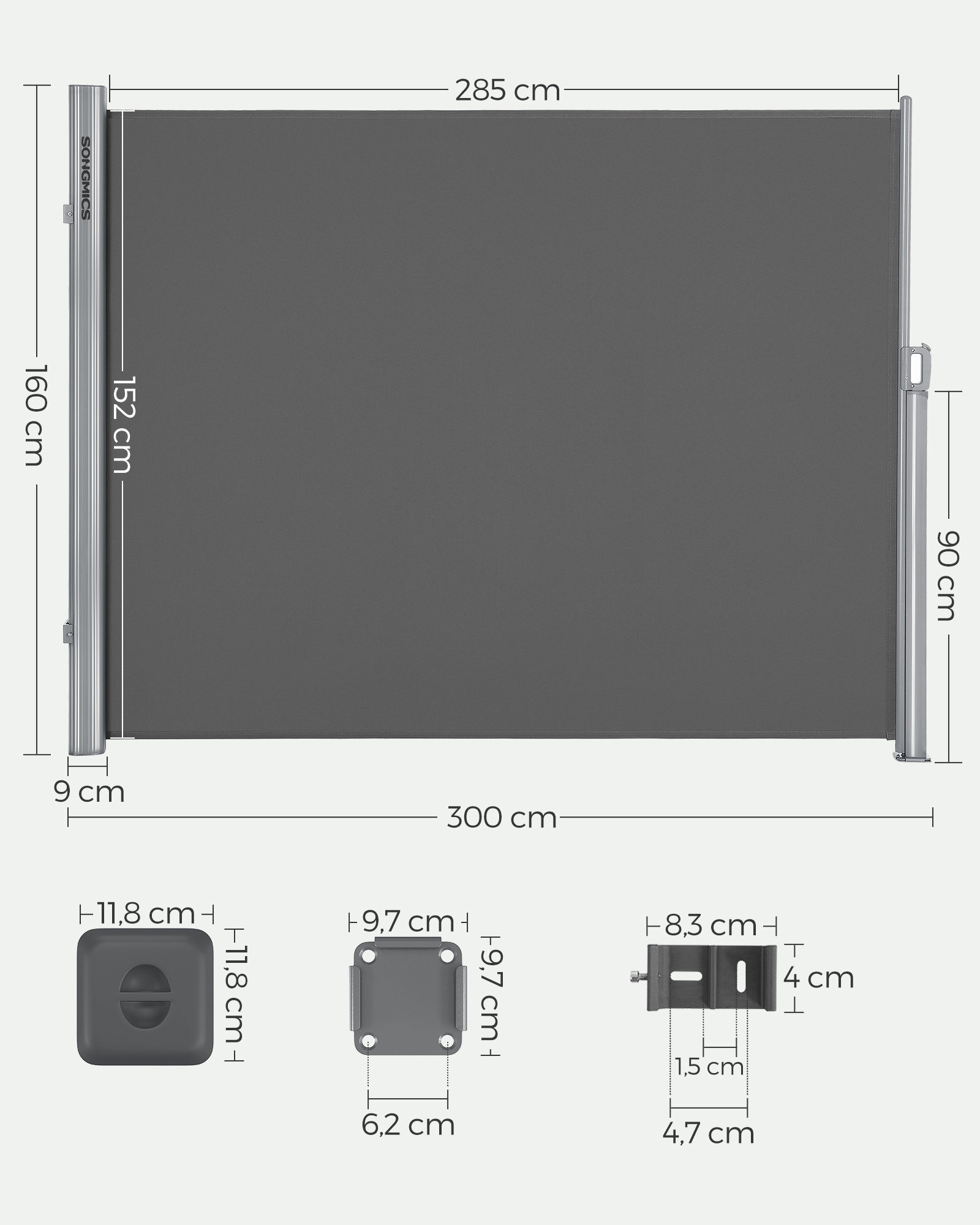SONGMICS Seitenarmmarkise Alu Sichtschutz (inkl. Zubehörpaket & Anleitung) 280 g/m² Windschutz ausziehbar 160×300cm