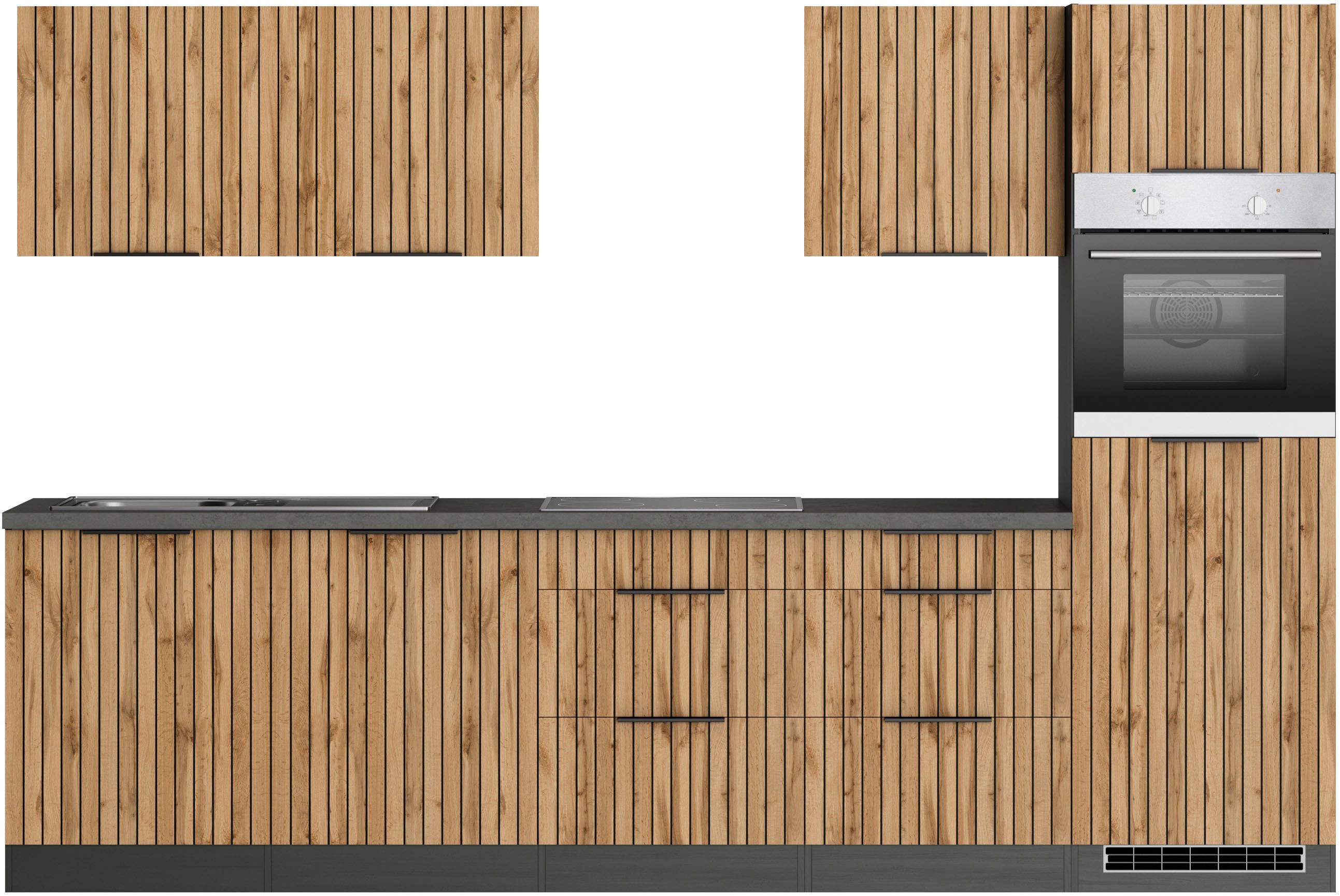 COOKING STATION Kitchen unit KS-Lagos, width 300 cm, optionally with electrical appliances, ceramic or induction hob, sink in stainless steel or black