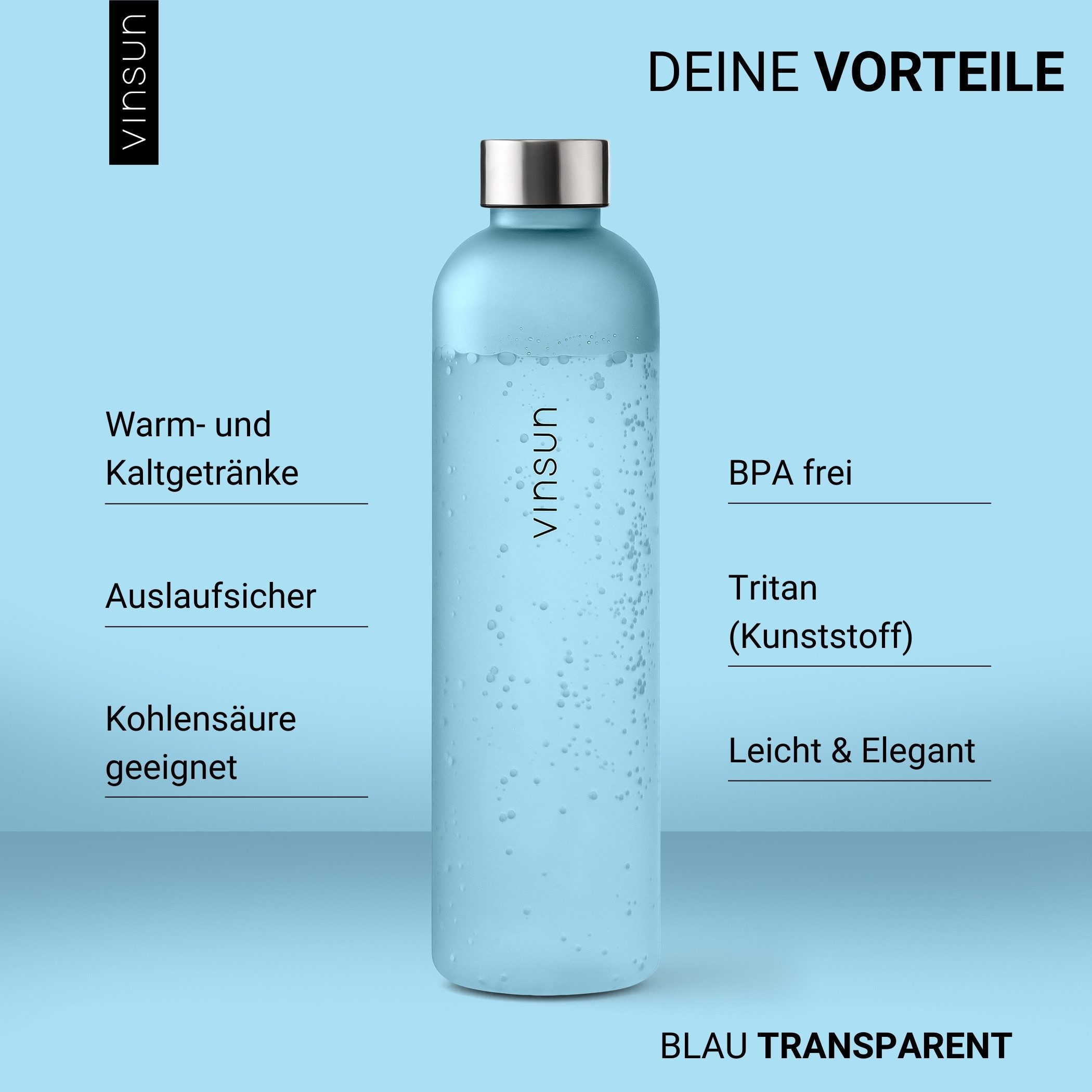 Vinsun Trinkflasche Tritan Wasserflasche 650ml - Sportflasche Kohlensäure geeignet, Auslaufsicher, BPA frei, bruchsicher, geruchs- und geschmacksneutral