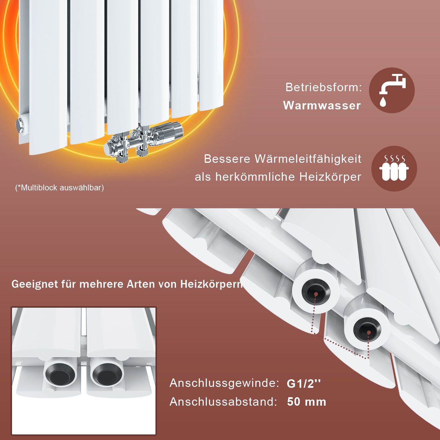 Multiblock, Vertikal Einlagig Mittelanschluss heizkörper / 1600/1800x311mm Weiß, Design mit ELEGANT Heizkörper Warmwasser, Doppellagig Flach