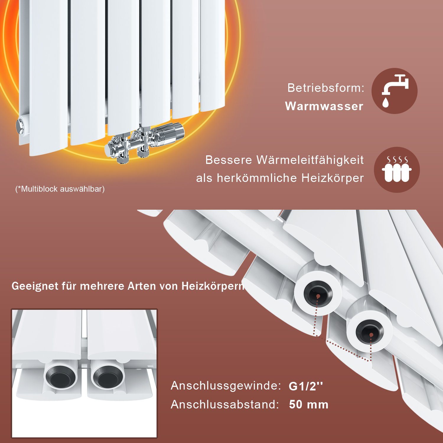 SONNI Heizkörper Paneelheizkörper Design Weiß Doppellagig/Einlagig, 1800x462mm/1600x462mm Vertikal Flach Heizkörper Bad – Bild 5 von 5