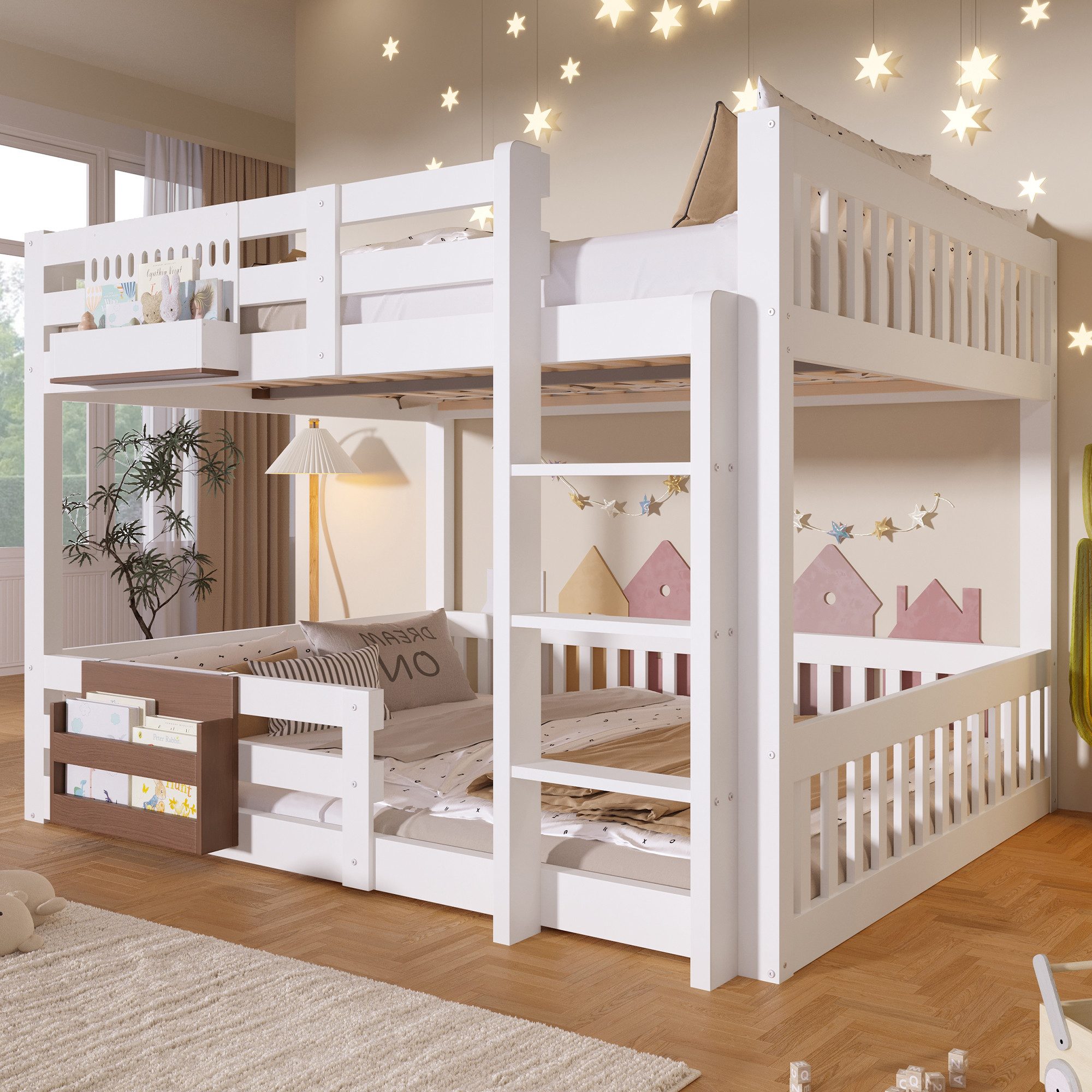 Flieks Etagenbett, Kinderbett 140x200cm mit Stauraumfächer & Leiter & Sicherheitsgitter