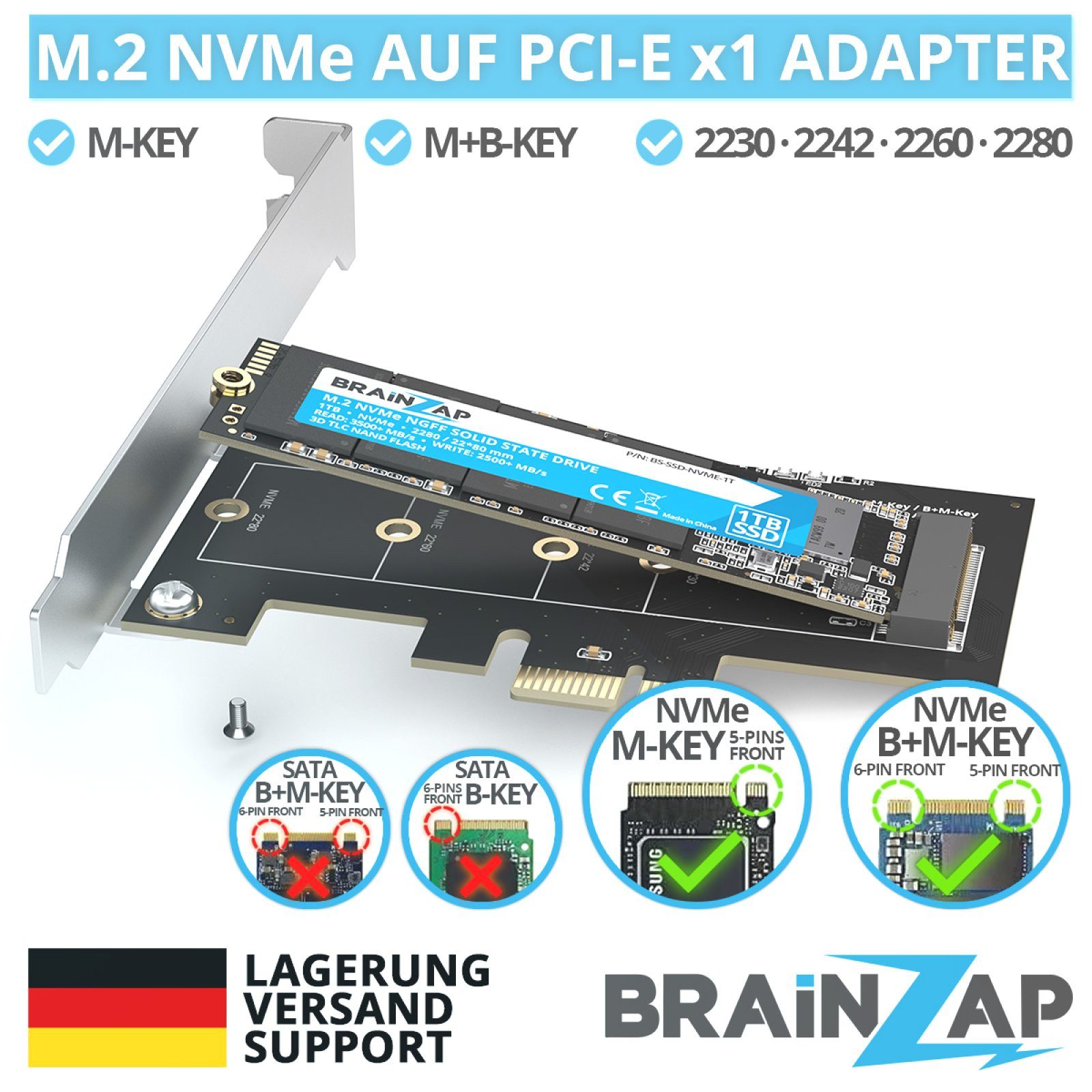 BRAINZAP M.2 NVMe PCIe Adapter Modulkarte PCI-Express zu M.2, M.2 NVMe, PCIe 3.0 x1, M Key, B+M Key