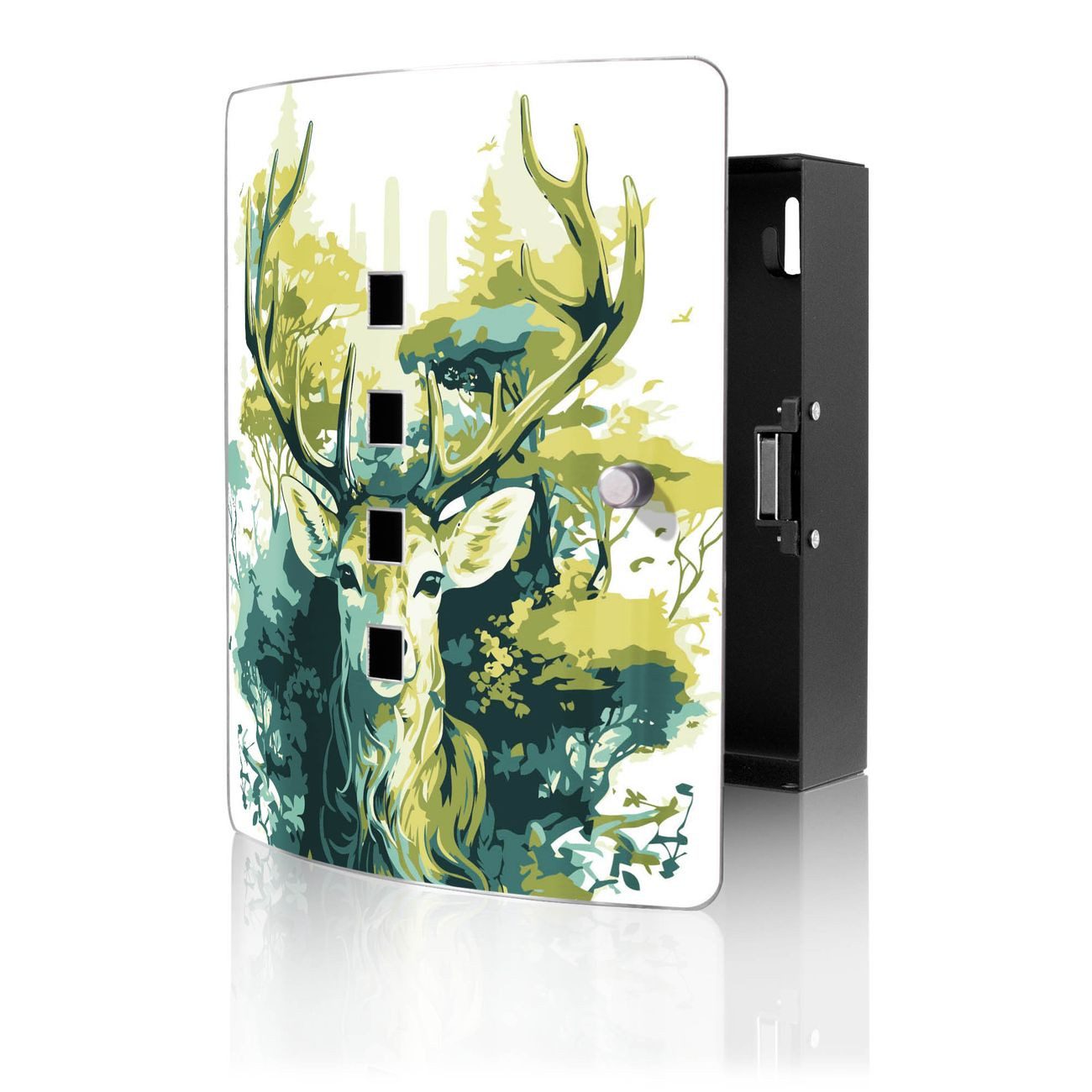 banjado Schlüsselkasten Edelstahl mit Motiv Hirsch Wald Aquarell (verstellbarer Magnetverschluss, mit 10 Haken, gebogene Tür, einstellbarer Magnet), 24 x 21,5 x 7 cm