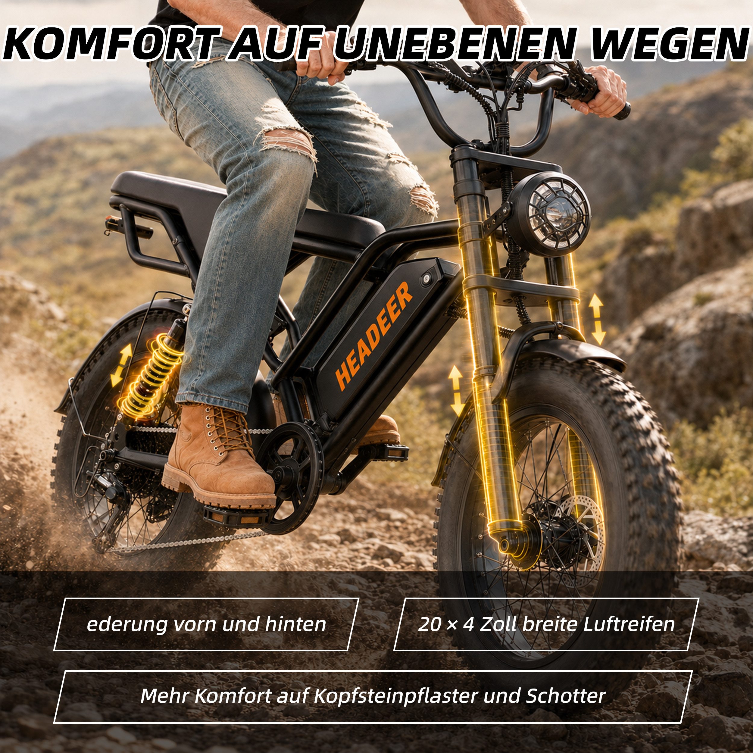 Vankel E-Bike Mountainbike Herren u. Damen E-Fatbike 20 Zoll 250W 960Wh 80km Scheibenbremse, Kettenschaltung, Heckmotor, 960 Wh, (Beleuchtungsset mit Batterieladegerät, Batterieschlüssel, Werkzeug), Scheibenbremse Vollfederung LCD-Display 150kg Zuladung 39,5kg
