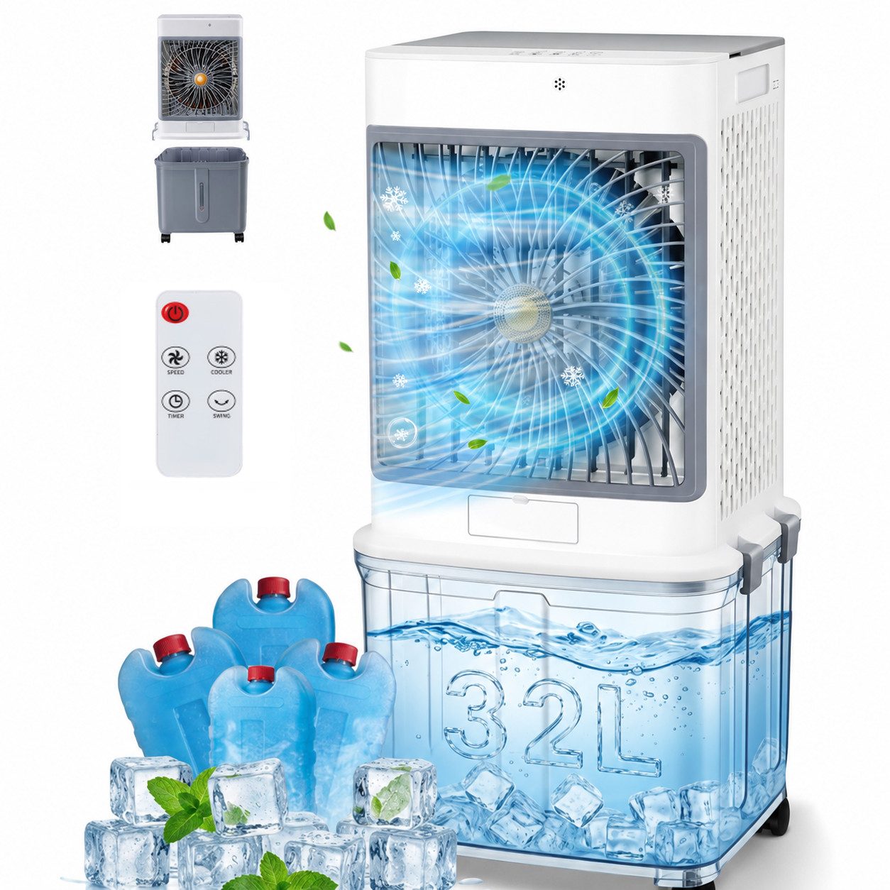 Lapamax Ventilatorkombigerät Mobiler Luftkühler mit 32-L-Wassertank, 120° Oszillation, 70 W mobil, Ventilator ohne Abluftschlauch, mit Fernbedienung, Touchpanel
