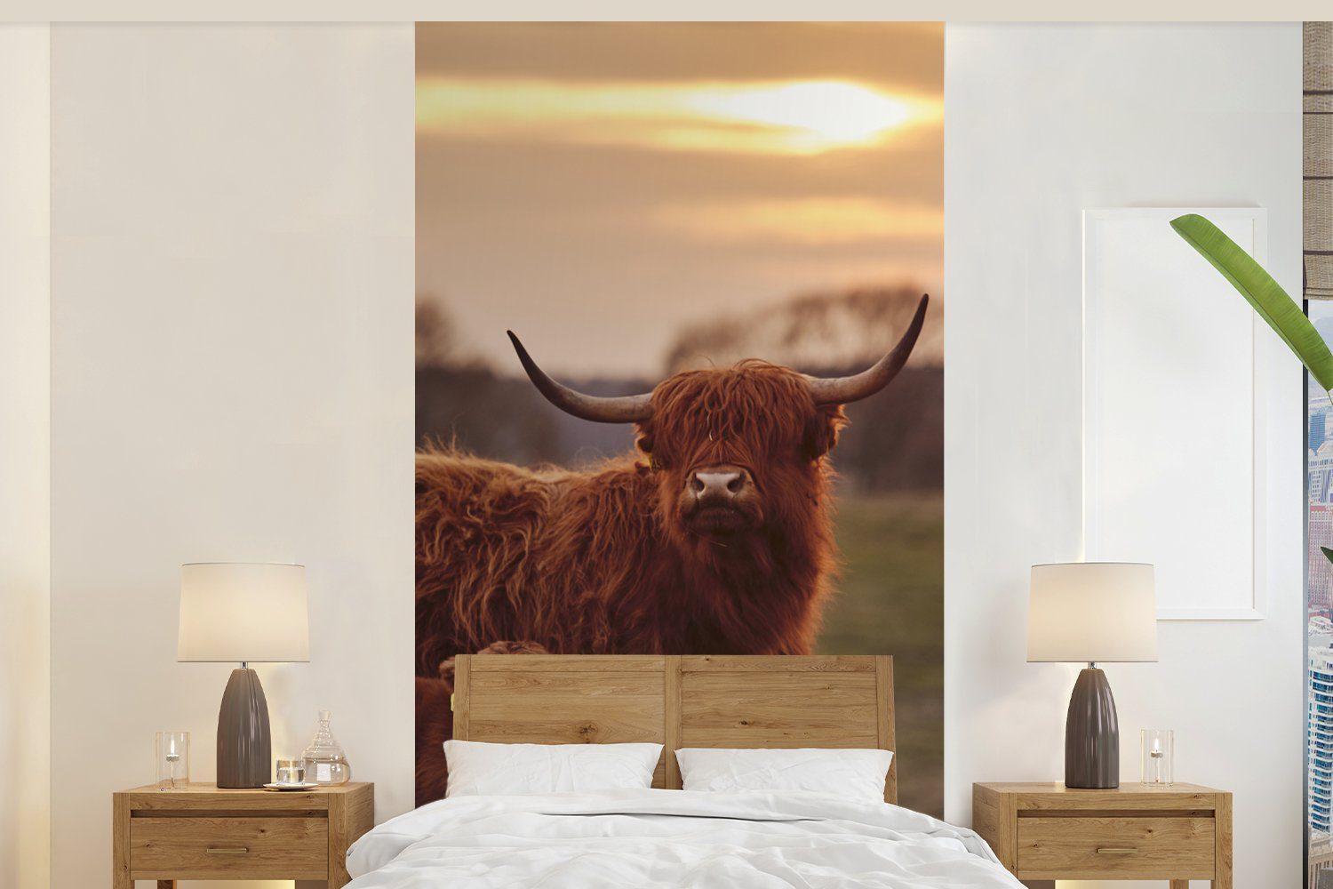 MuchoWow Fototapete Schottische Highlander - Tiere - Landschaft - Sonnenuntergang - Kuh, Matt, bedruckt, (2 St), Vliestapete für Wohnzimmer Schlafzimmer Küche, Fototapete