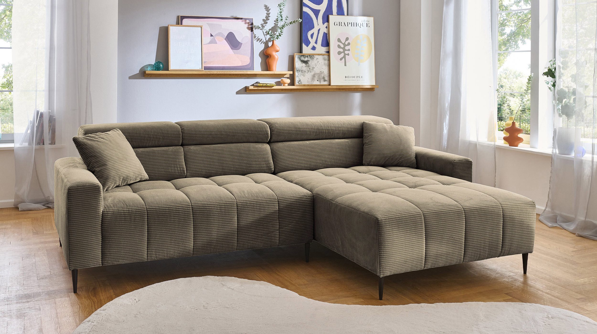 Massivart® Ecksofa Cord 256 cm / Cordsofa / Sitztiefen- & Kopfteilverstellu günstig online kaufen