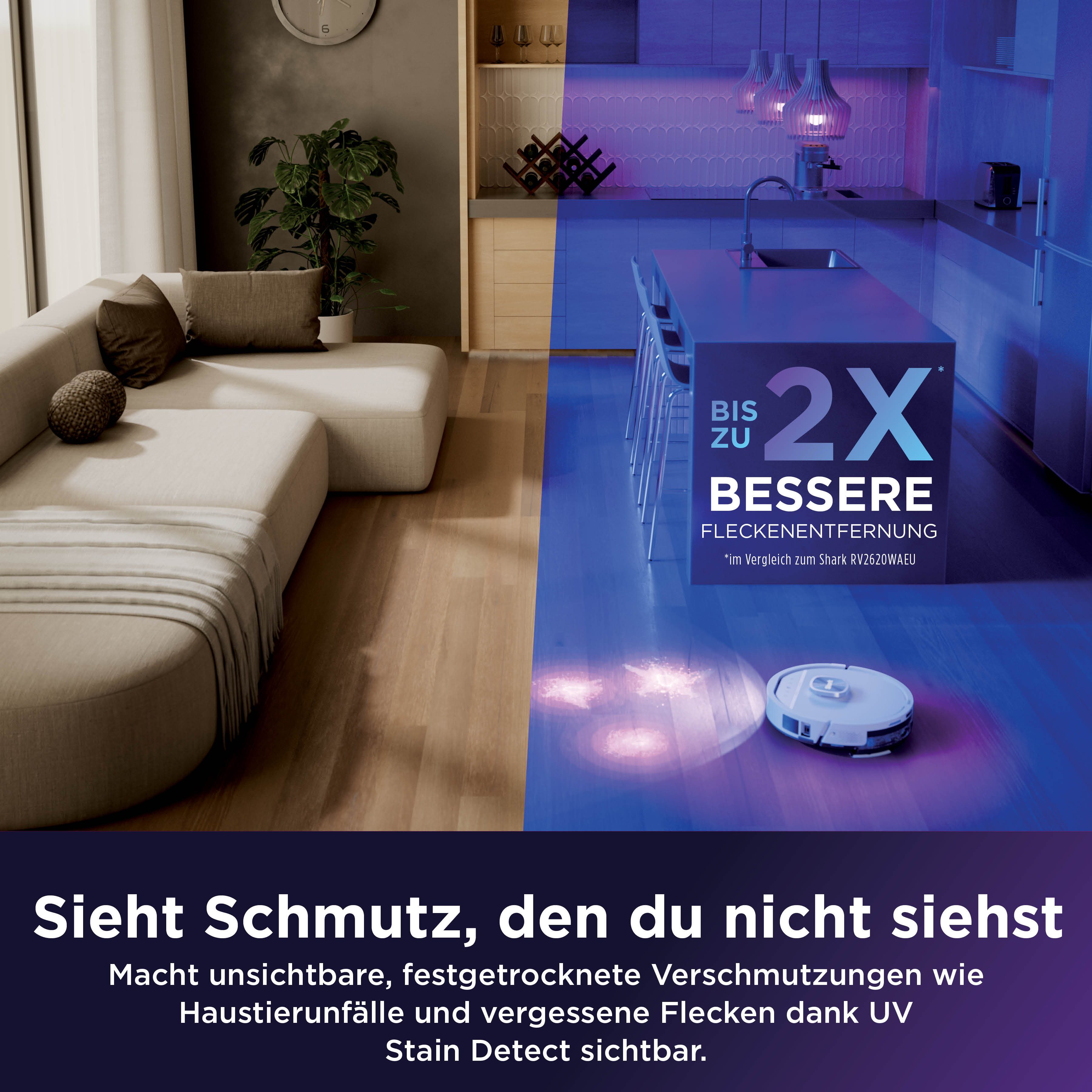 Shark Saugroboter Shark PowerDetect UV Reveal 2-in-1 Saug- und Wischroboter Schwarz, 650 W, beutellos, UV-Reveal-Technologie, 8 PowerDetect-Technologien