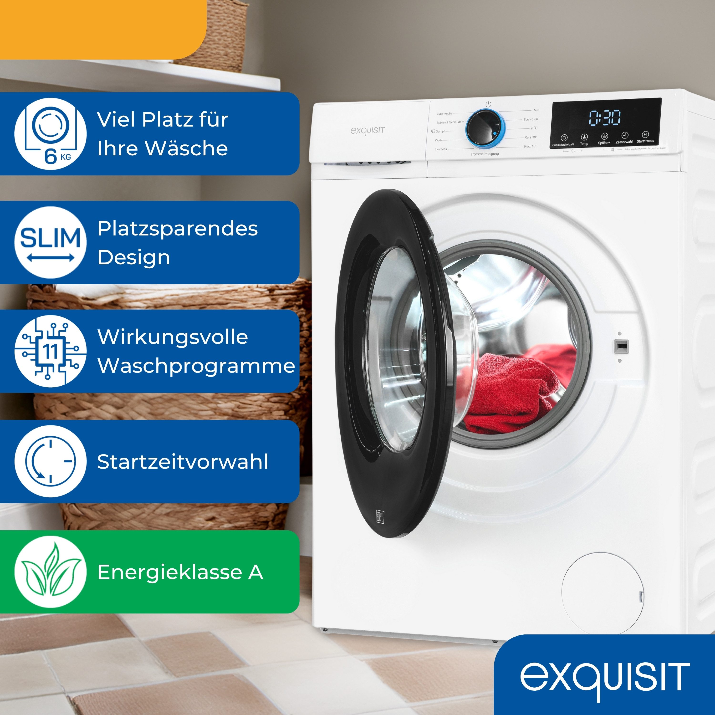 exquisit Waschmaschine WA6312-371A weiss, 6 kg, 11 Programme, Restlaufzeitanzeige, Aquastop nachrüstbar