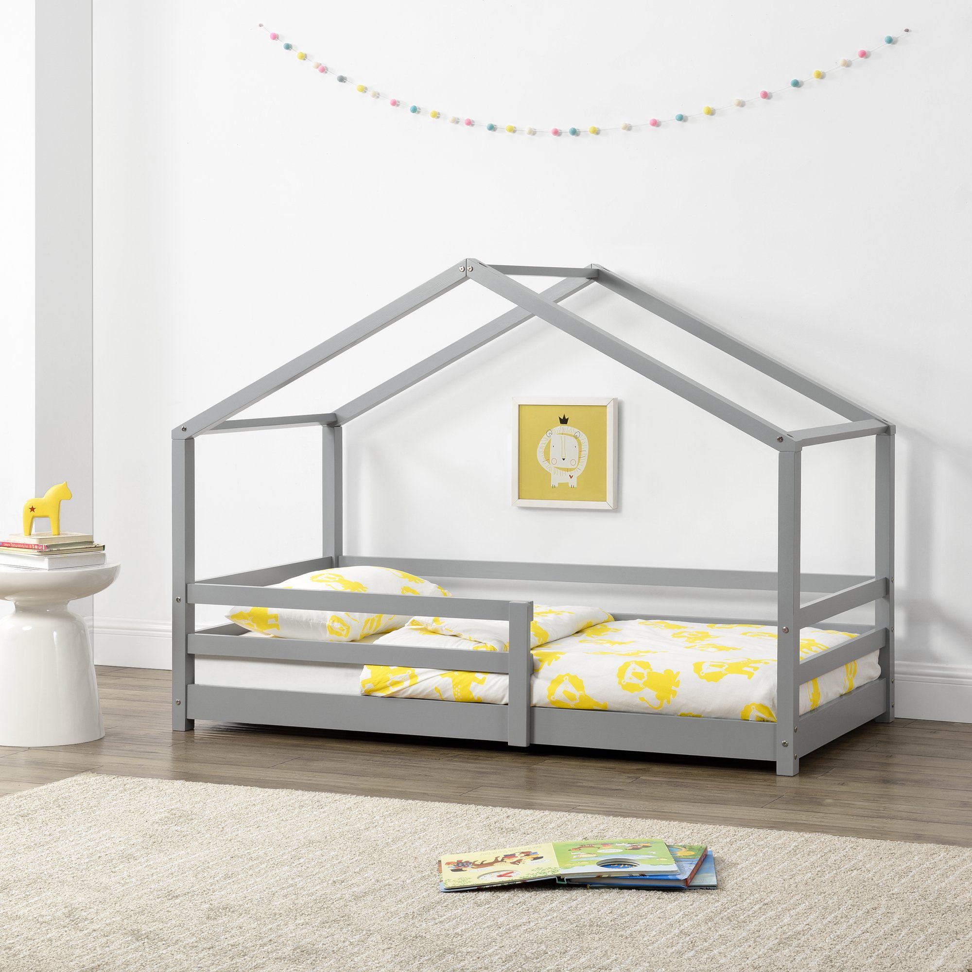 en.casa Hausbett, »Knätten« Kinderbett mit Rausfallschutz Kiefernholz 80x160  cm Hellgrau online kaufen | OTTO