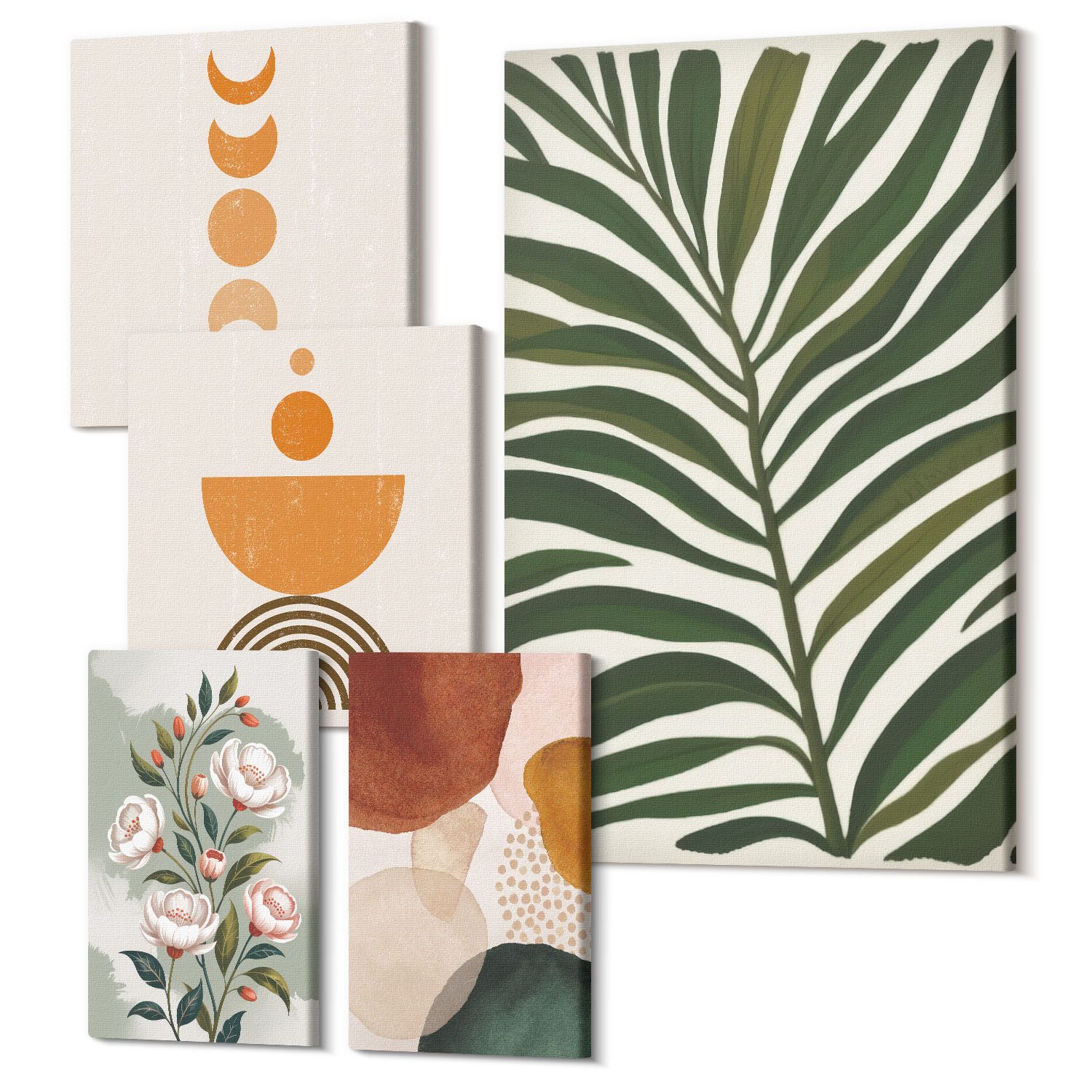Tulup Mehrteilige Bilder Wandbild 5 Wandbilder Grün Set Wohnzimmer, (5 St), Pflanzenmuster Boho-Formen, Blumen Und Pflanzen Motiv