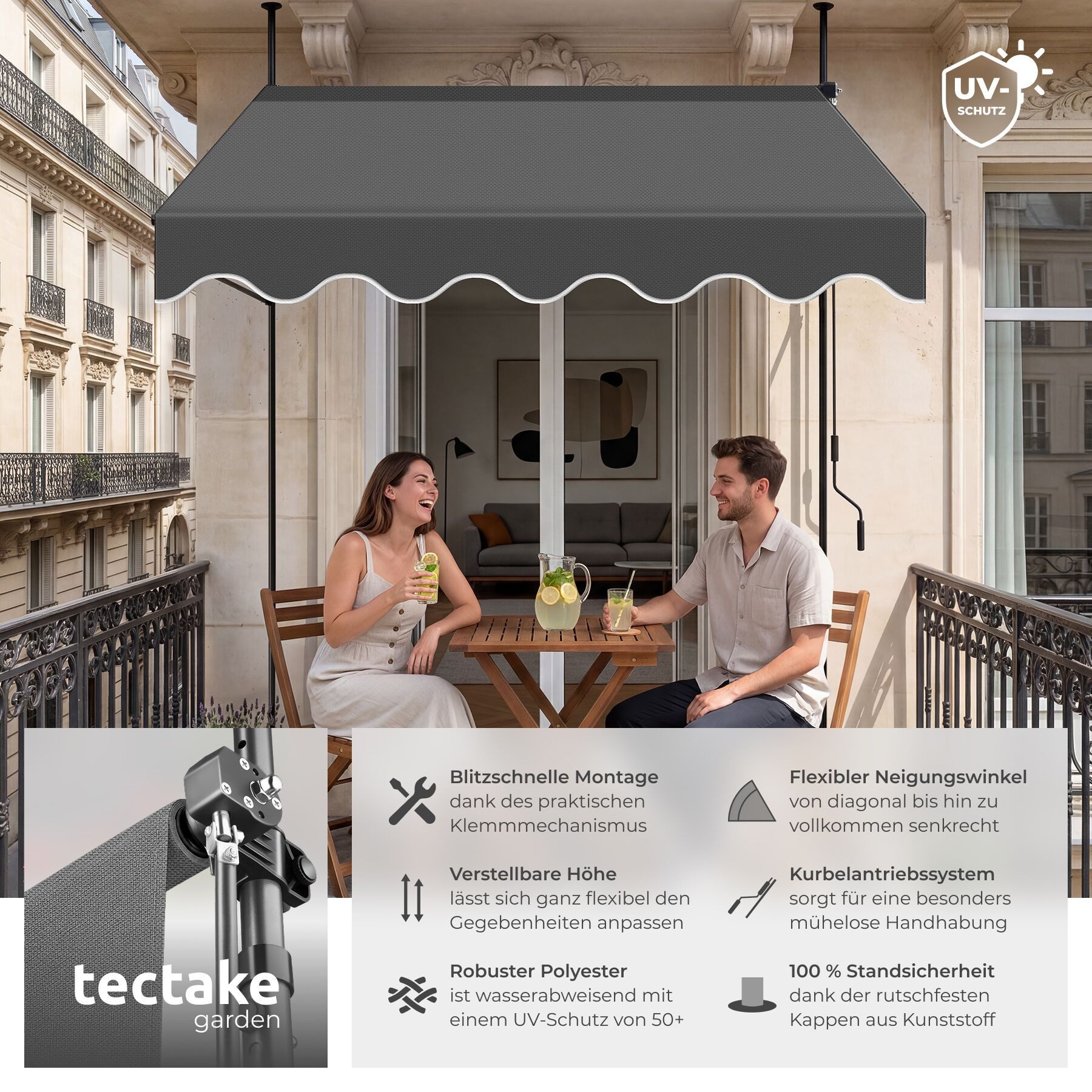 tectake Klemm-Senkrechtmarkise Klemmmarkise - Balkonmarkise mit Handkurbel, UV-beständig (Sichtschutz/Sonnenschutz für Terrasse und Garten, in schwarz/grau) 180 x 150 x 304 cm, höhenverstellbar 211 - 304 cm, wasserabweisend