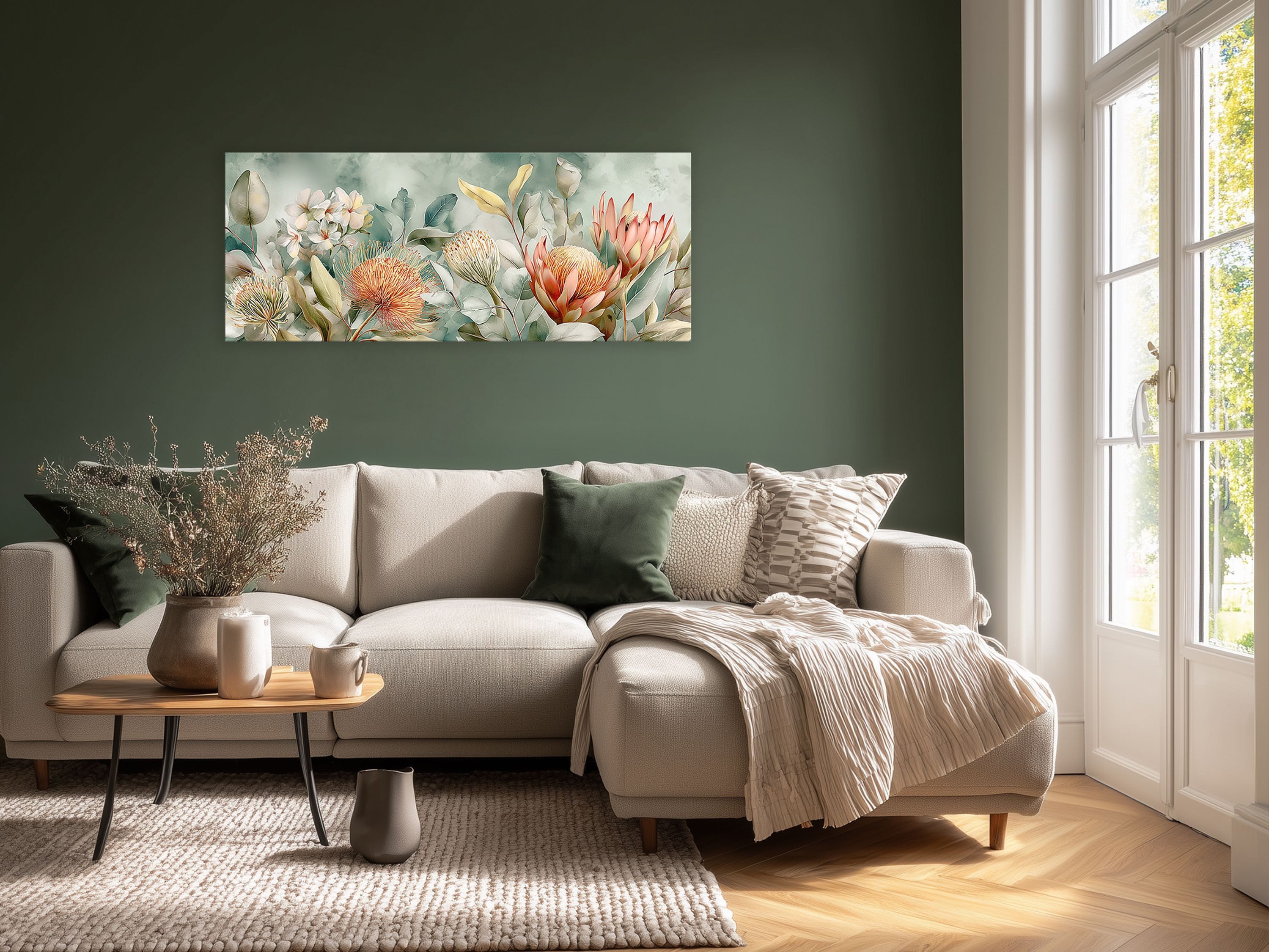 artissimo Glasbild XXL Bild aus Glas 125x50 cm / Panorama Wandbild groß / Wanddeko modern, Aquarell-Malerei: Blüten in salbei-grün