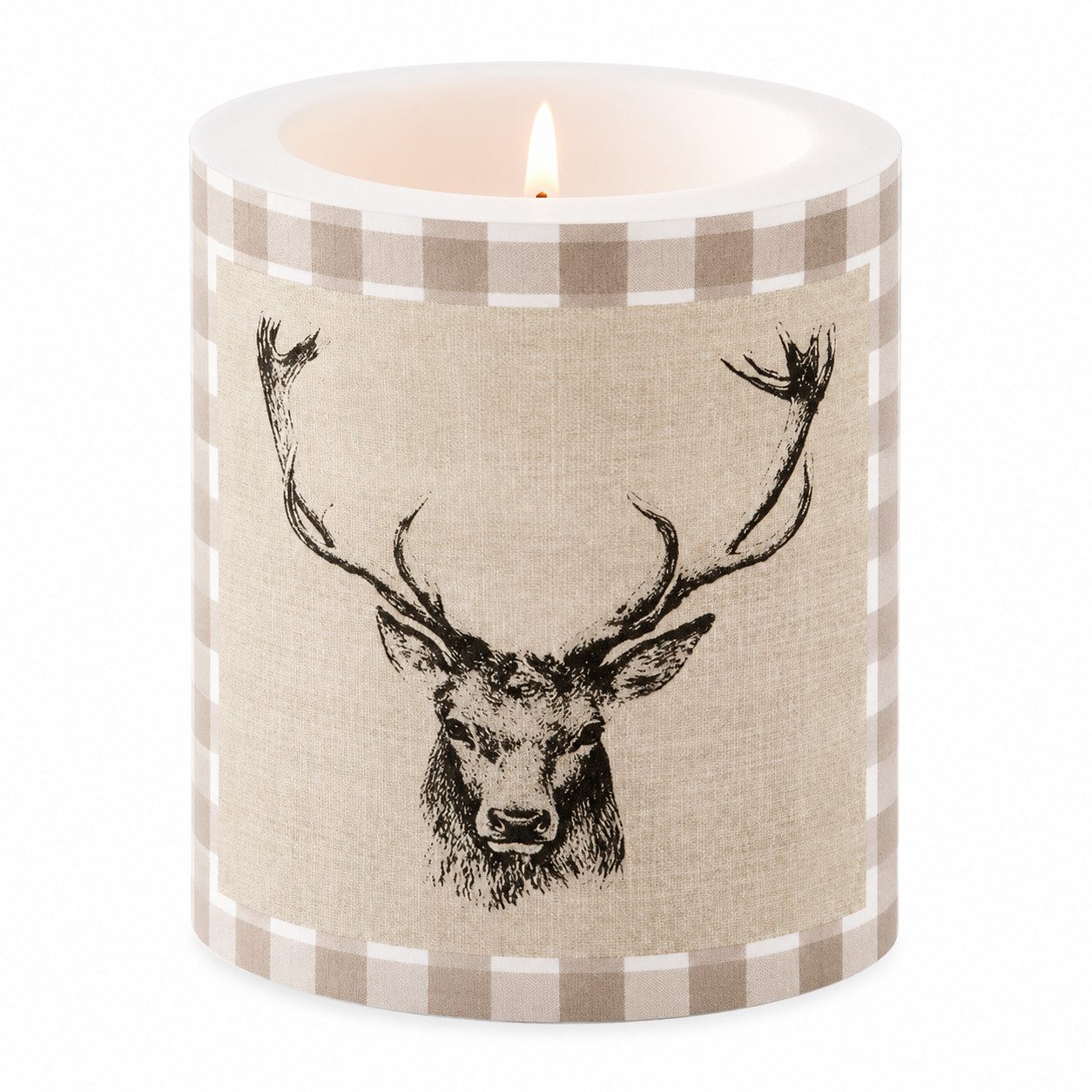 Ambiente Luxury Paper Products Stumpenkerze Stumpenkerze Hirsch kariert Beige Braun Ø 7,5 x 8 cm Landhaus