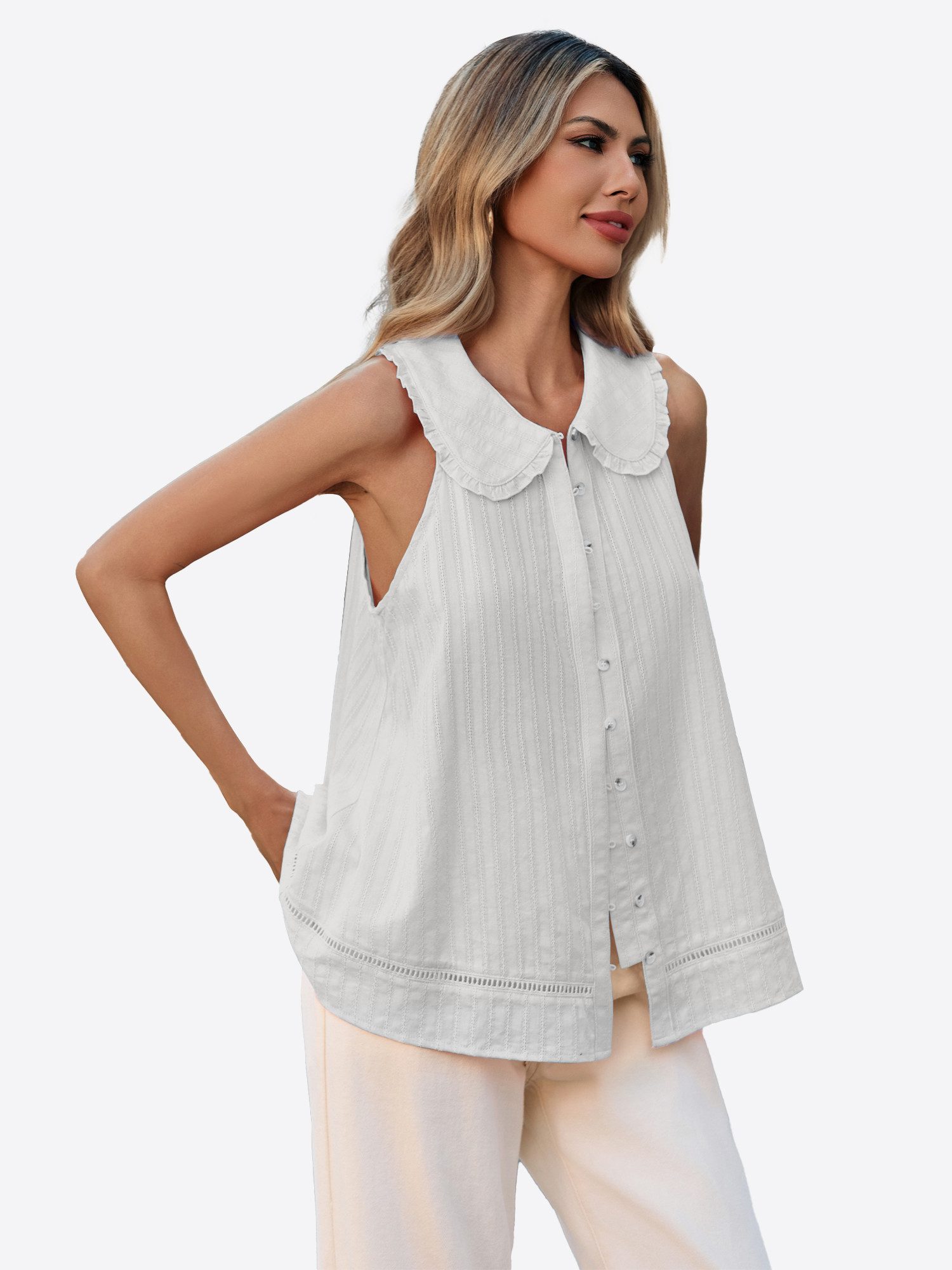 Imily Bela Blusentop Damen ärmellose Bluse mit Knopfleiste (Packung, 1-tlg., 1per-Pack) Puppenkragen – Bild 4 von 5