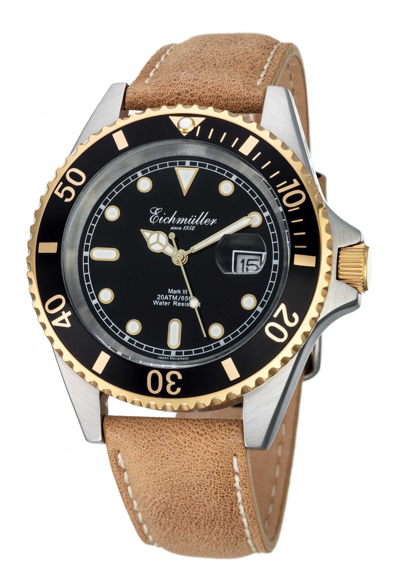Taucheruhr Herrenuhr Schwarz Lederband Beige 20 ATM 43 mm 3462-04