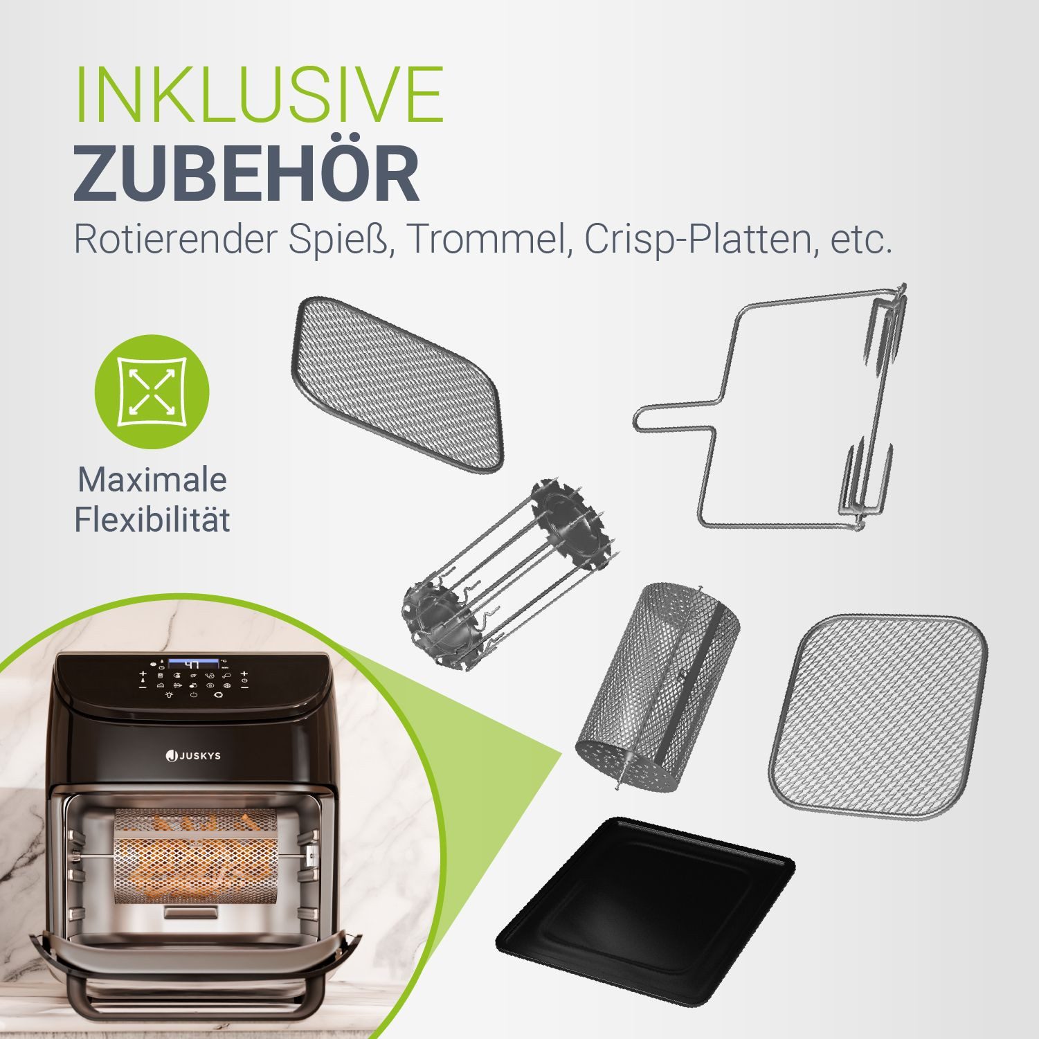 Juskys Heißluftfritteuse, 1700 W, 10 Programme, umfangreiches Zubehör, Touch-Bedienfeld, bis 200 Grad