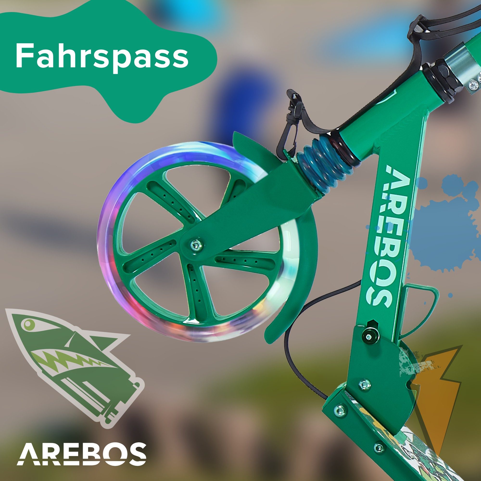 Arebos Tretroller LED-Reifen, faltbar, höhenverstellbar, inkl.Klinge l& Bremsen 100 kg, LED-Reifen: Leuchten während der Fahrt, für mehr Sichtbarkeit und Spaß