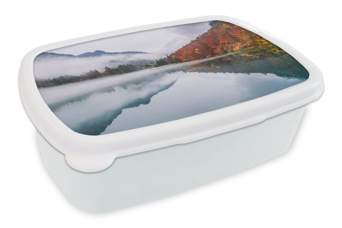 Mädchen Wasser und Brotdose, für weiß Landschaft, Jungs MuchoWow Herbst - und - Lunchbox für Nebel Brotbox - Erwachsene, (2-tlg), Kinder Kunststoff,