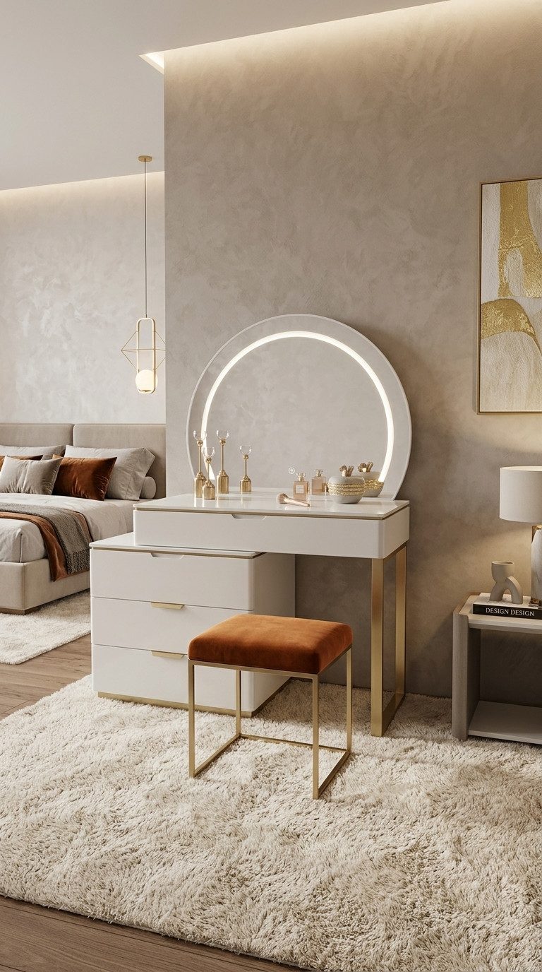 JVmoebel Schminktisch Modern mit LED Spiegel und Schubladen Weiß Gold Sofort (1-St., 2-teilig), Luxuriöses Design mit großem Spiegel und Platz für die Aufbewahrung