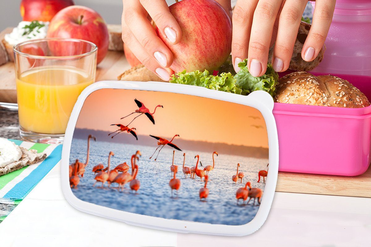 MuchoWow Lunchbox Vogel Wasser Kunststoff, - Kinder, Brotbox (2-tlg), Flamingo Sonnenuntergang - - Kunststoff Brotdose Erwachsene, für Mädchen, Snackbox, - Rosa