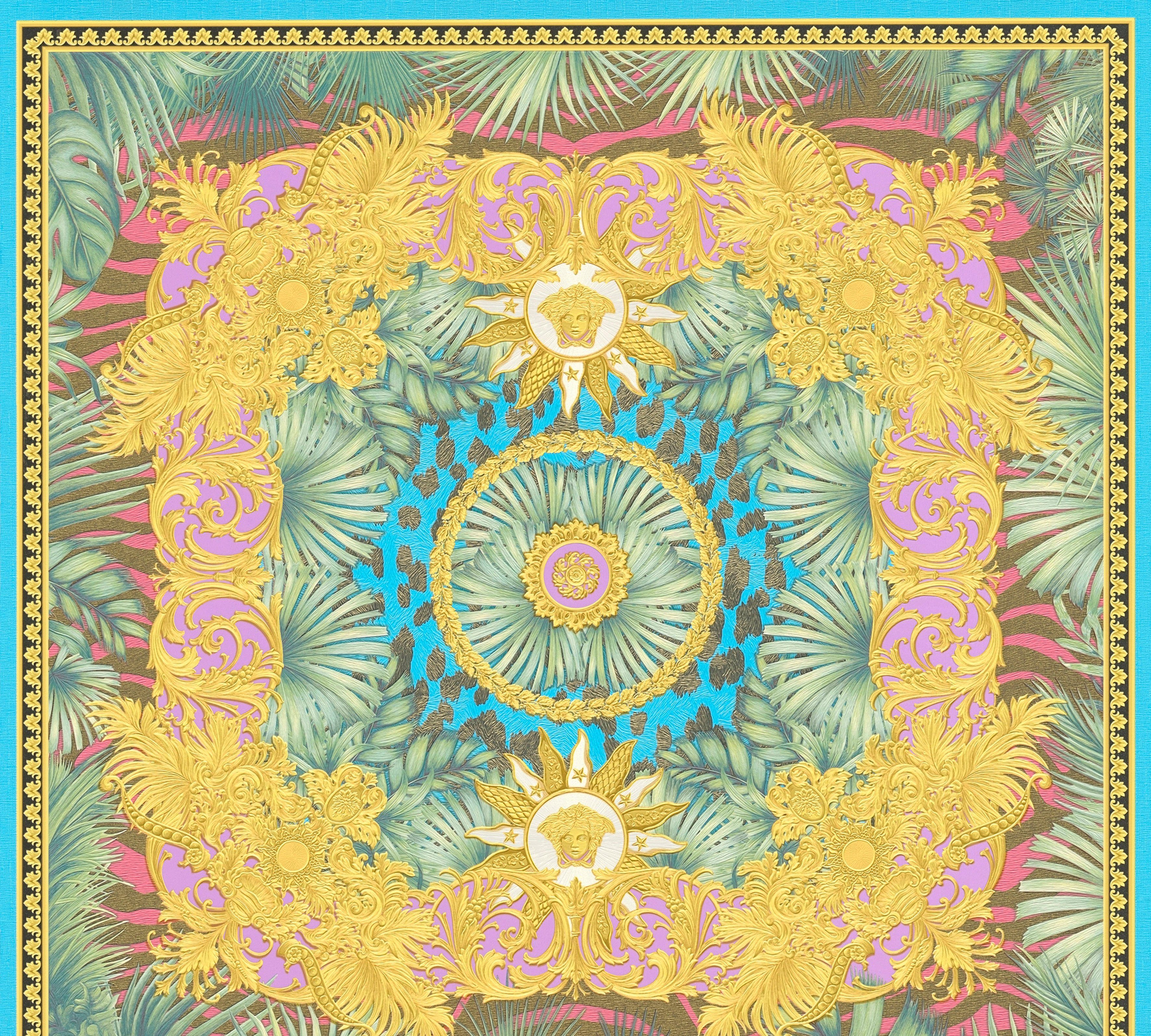 (1 5 Vliestapete Versace leicht Wallpaper Fliesen-Tapete Design, auffallende Dschungel bunt/grün/lila leicht Versace strukturiert, St), glänzend,