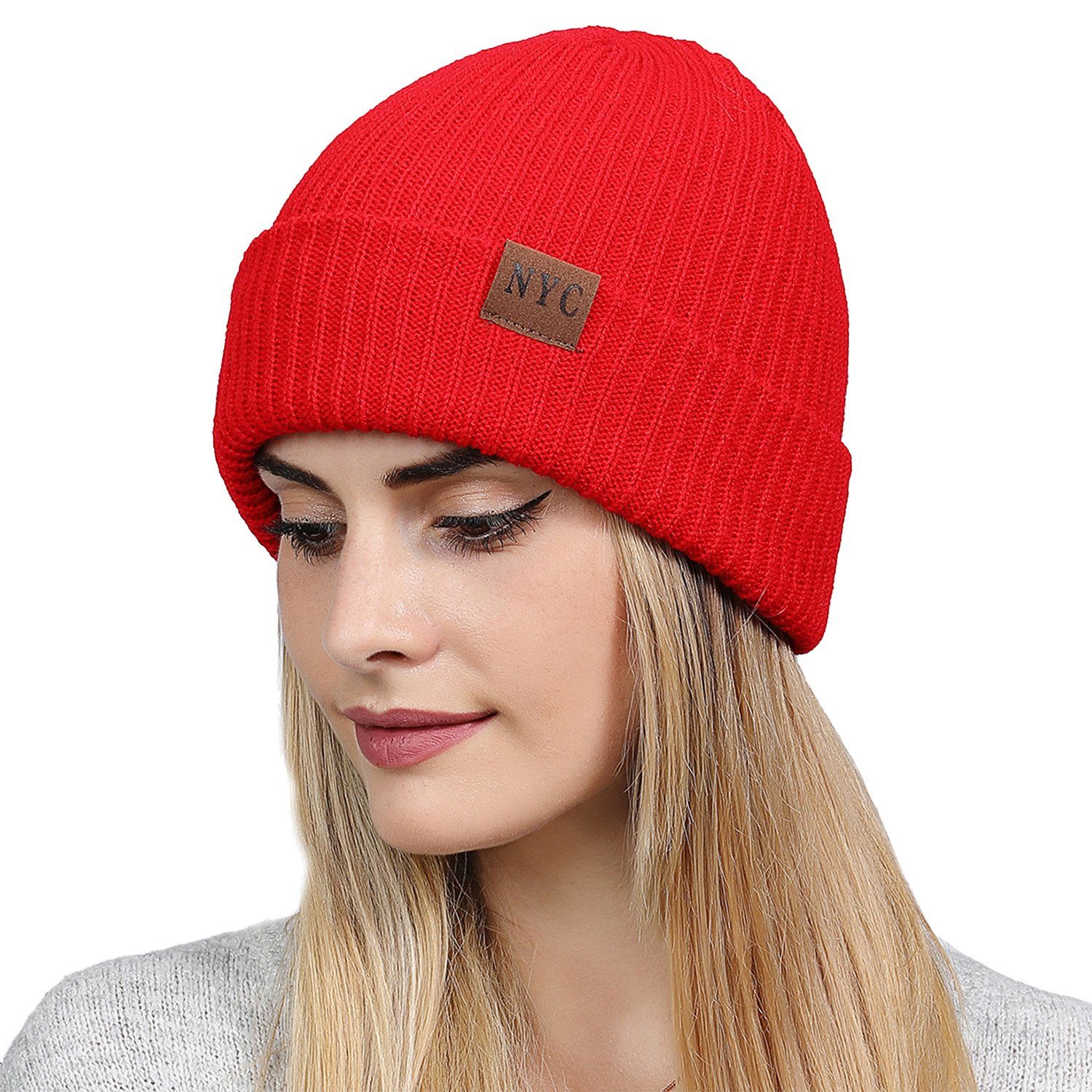 MAGICSHE Strickmütze Warme Damen-Wintermütze (1-St) Rot Rippenstrick mit aus Bündchen