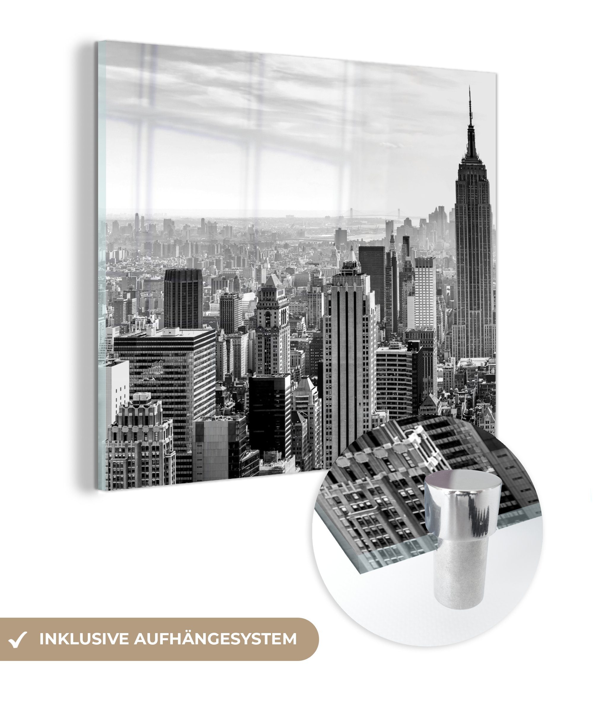MuchoWow Acrylglasbild New Yorker Empire State Building - schwarz und weiß, (1 St), Glasbilder - Bilder auf Glas Wandbild - Foto auf Glas - Wanddekoration