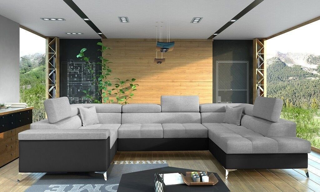 JVmoebel Ecksofa, Ecksofa U-Form Sofa Couch Design Polster Schlafsofa Bettfunktion Grau/Schwarz