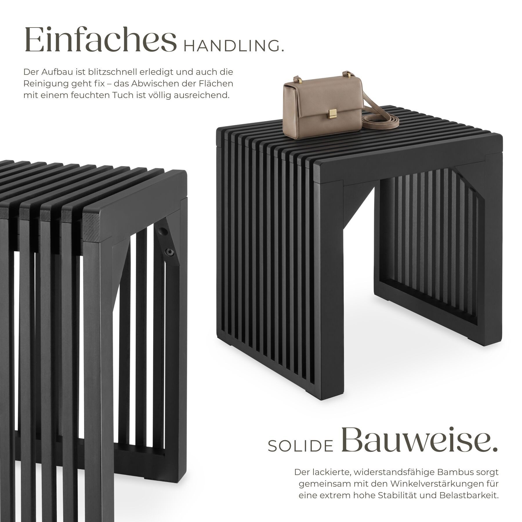 tectake Sitzhocker Bank mit Lamellenoptik aus lackiertem Bambus, belastbar 350 kg (Holz Sitzbank Ribb, in Schwarz), Mit Winkelverstärkung und bodenschonenden Fi – Bild 3 von 5