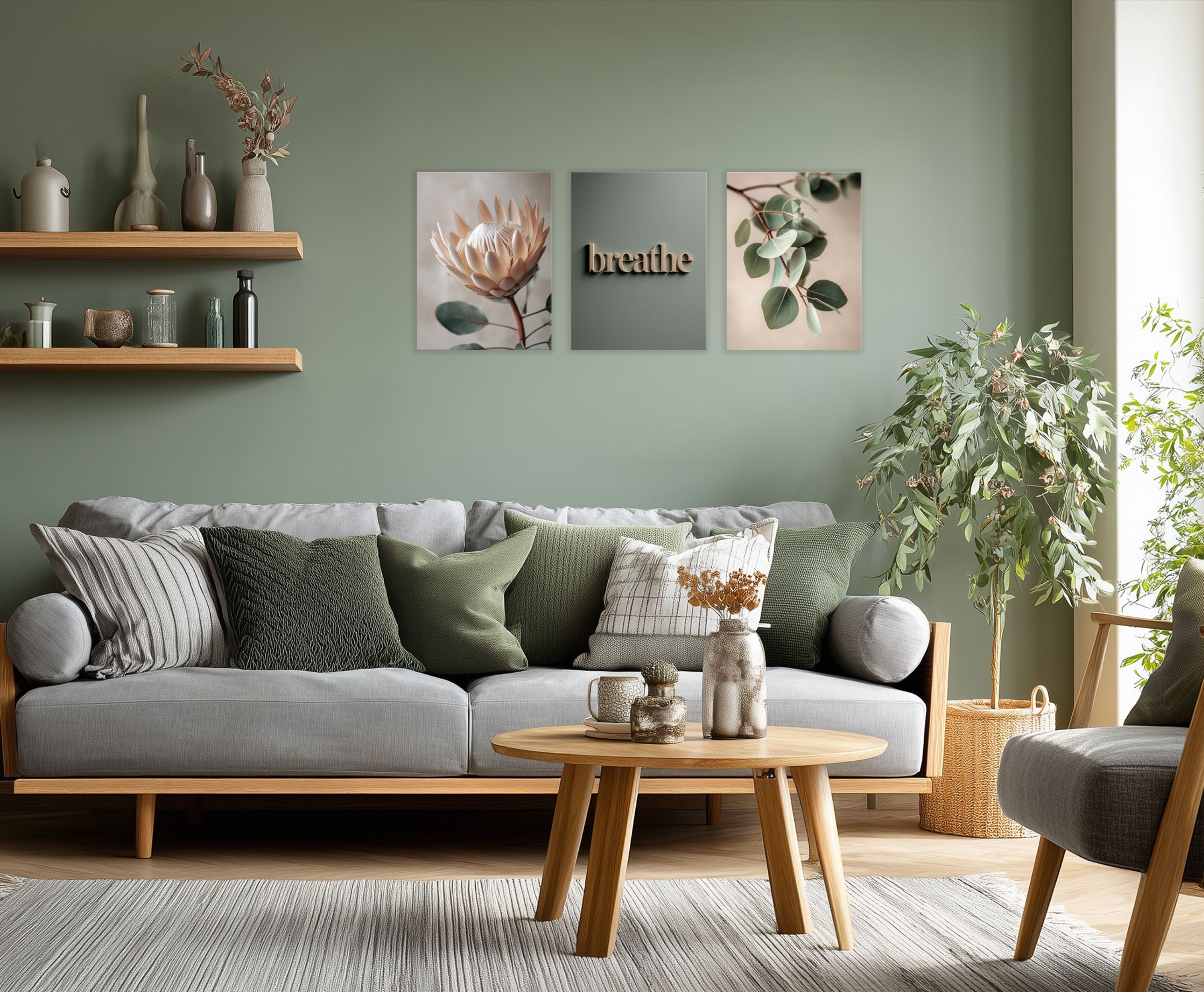 artissimo Mehrteilige Bilder Wandbilder-Set 3er-Set / Japandi Wanddeko / Wohnzimmer, Blumen und Blüten: Protea und Eukalyptus in salbei-grün beige