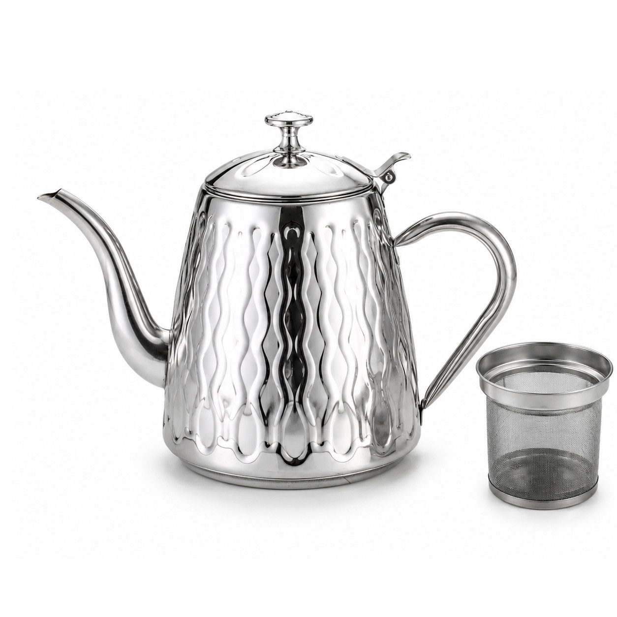 Tekoo Teekanne Edelstahl Wasserkessel 1,5 L mit Schwanenhals-Auslauf für Induktion, (Standard-Set, 2-teiliges Set), Schwanenhals, Inkl. Filter, Induktionsgeeignet, Wellendesign