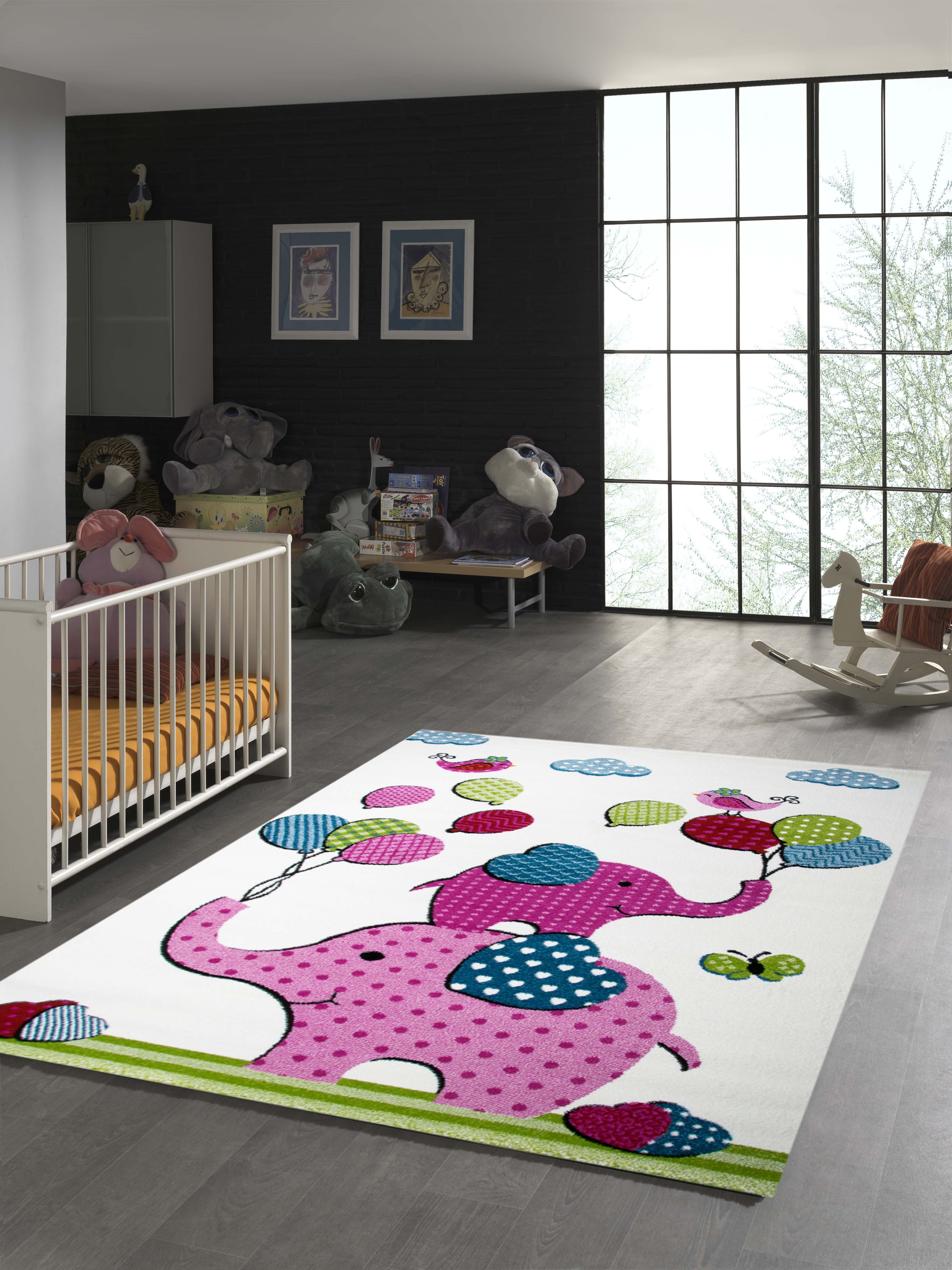 TeppichHome24 Kinderteppich Kinderteppich Elefanten Creme Rosa Pink Grün Türkis Schwarz, rechteckig, Höhe: 1.1 mm