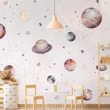 Bilderdepot24 Kindertapete Planeten Mond Sterne Aquarell Illustration Kinder Weltall pastell, Glatt, Matt, (Inklusive Gratis-Kleister oder selbstklebend), Mädchenzimmer Jungenzimmer Babyzimmer Bildtapete Fototapete Wandtapete