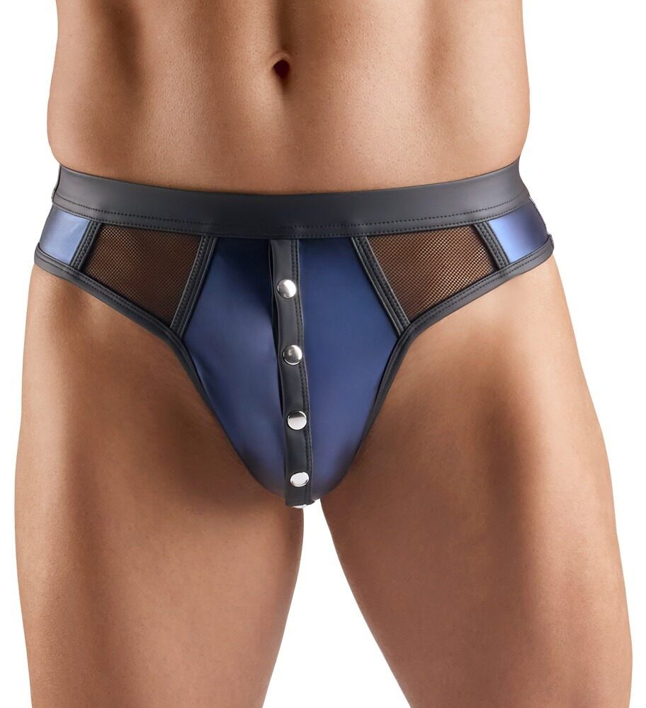 Svenjoyment String String mit Druckknöpfen halb transparent Netz und Wetlook - schwarz, b (1-St) Vorne mit Druckknöpfen zum Öffnen